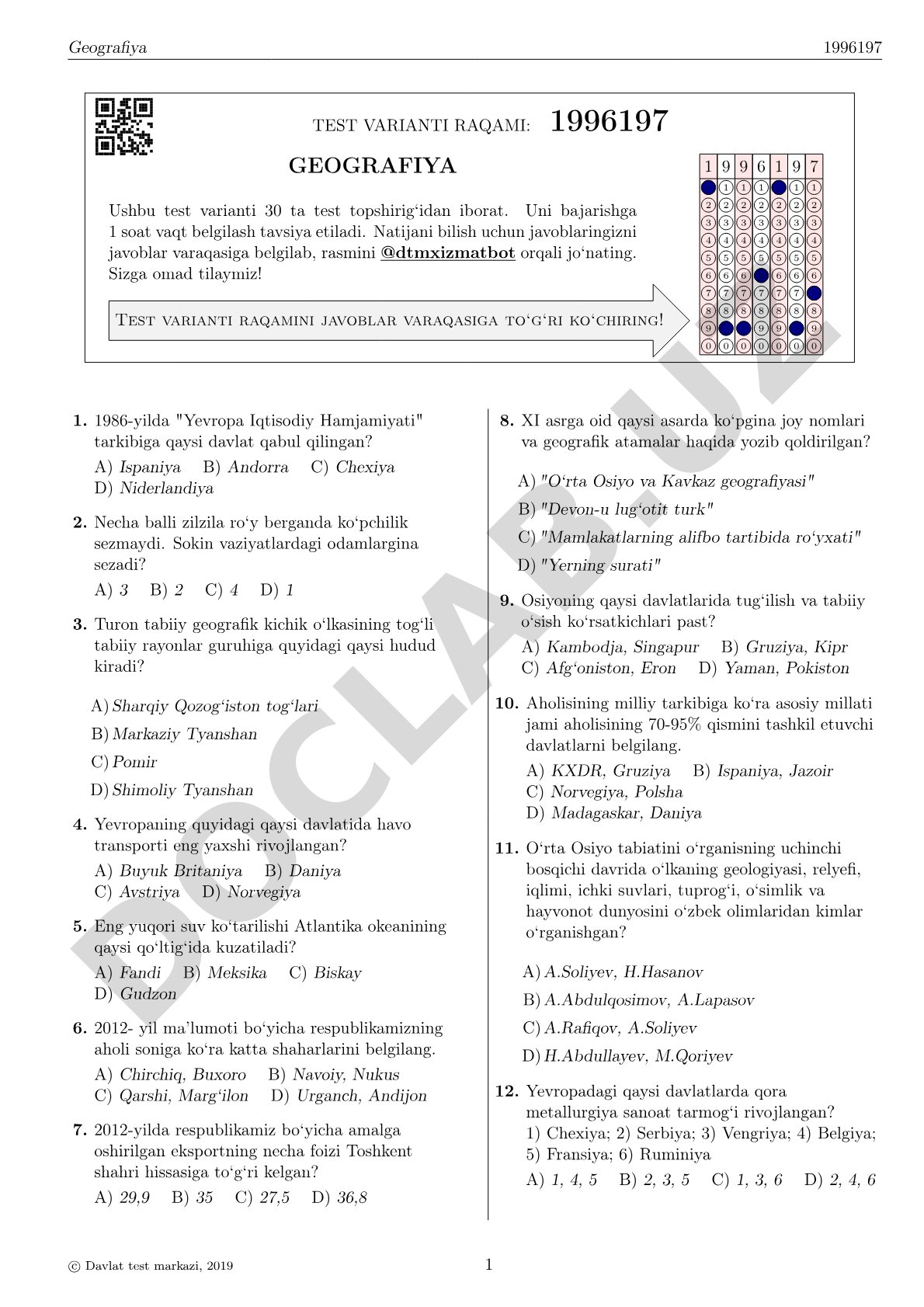 Geografiya fanidan test