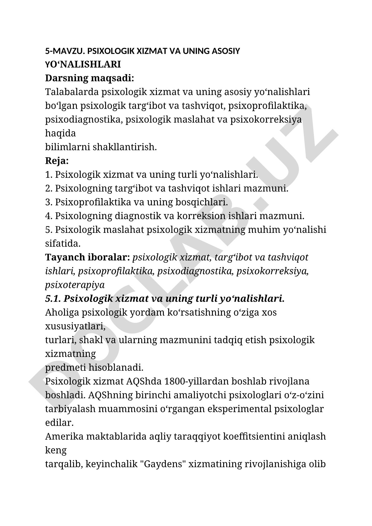 Psixologik xizmat va uning asosiy yo'nalishlari