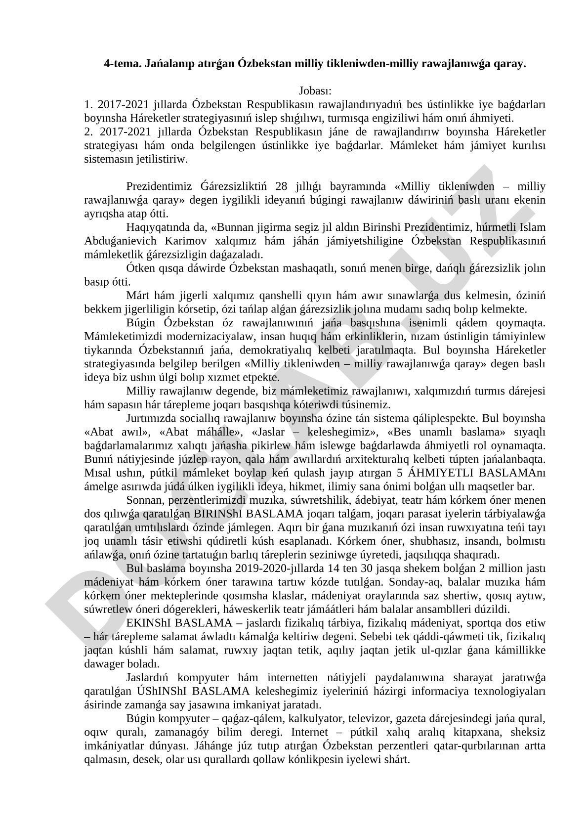 Jańalanıp atırǵan Ózbekstan milliy tikleniwden-milliy rawajlanıwǵa qaray