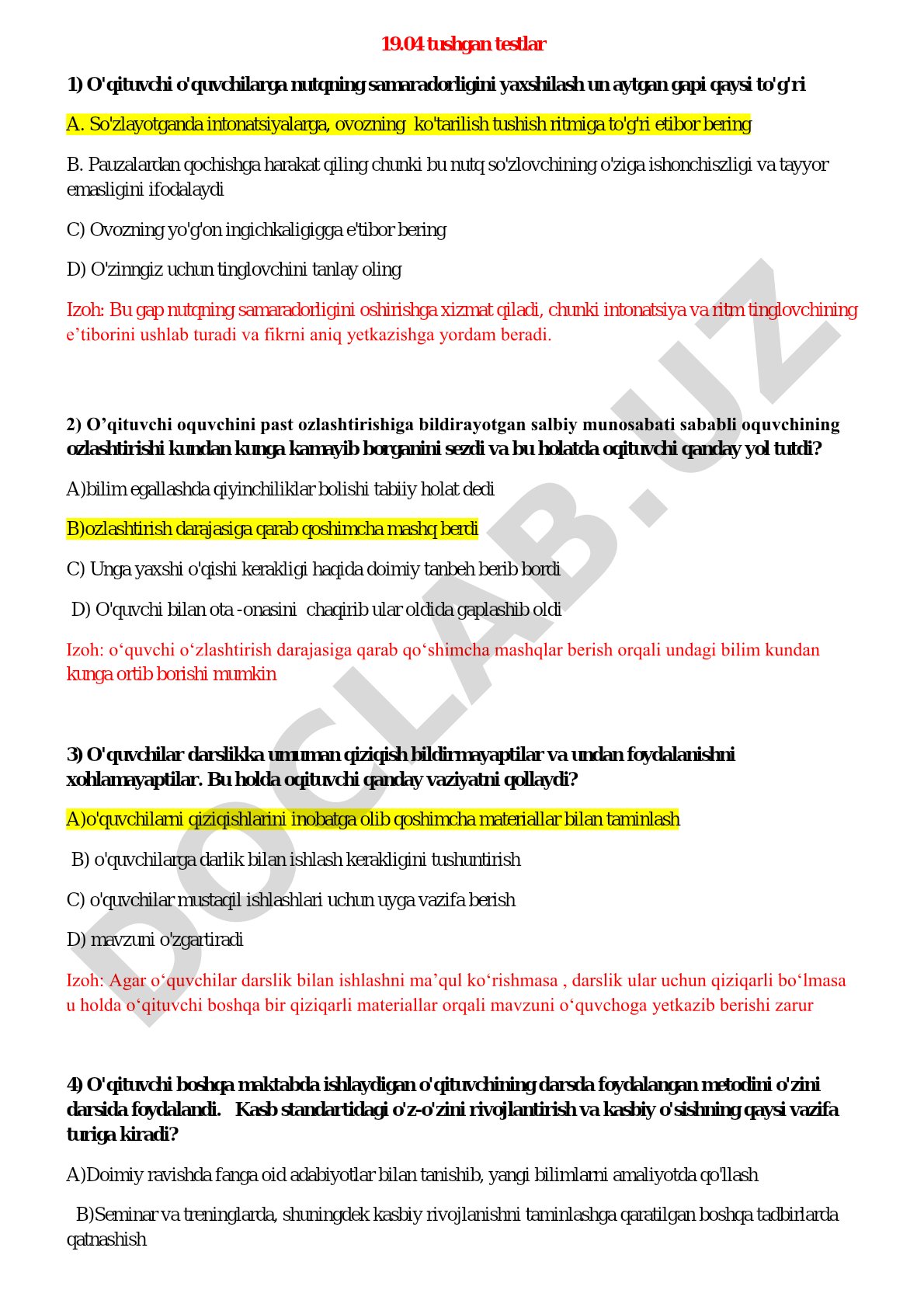 O'qituvchi va o'quvchi muloqoti hamda nutq samaradorligi testlari