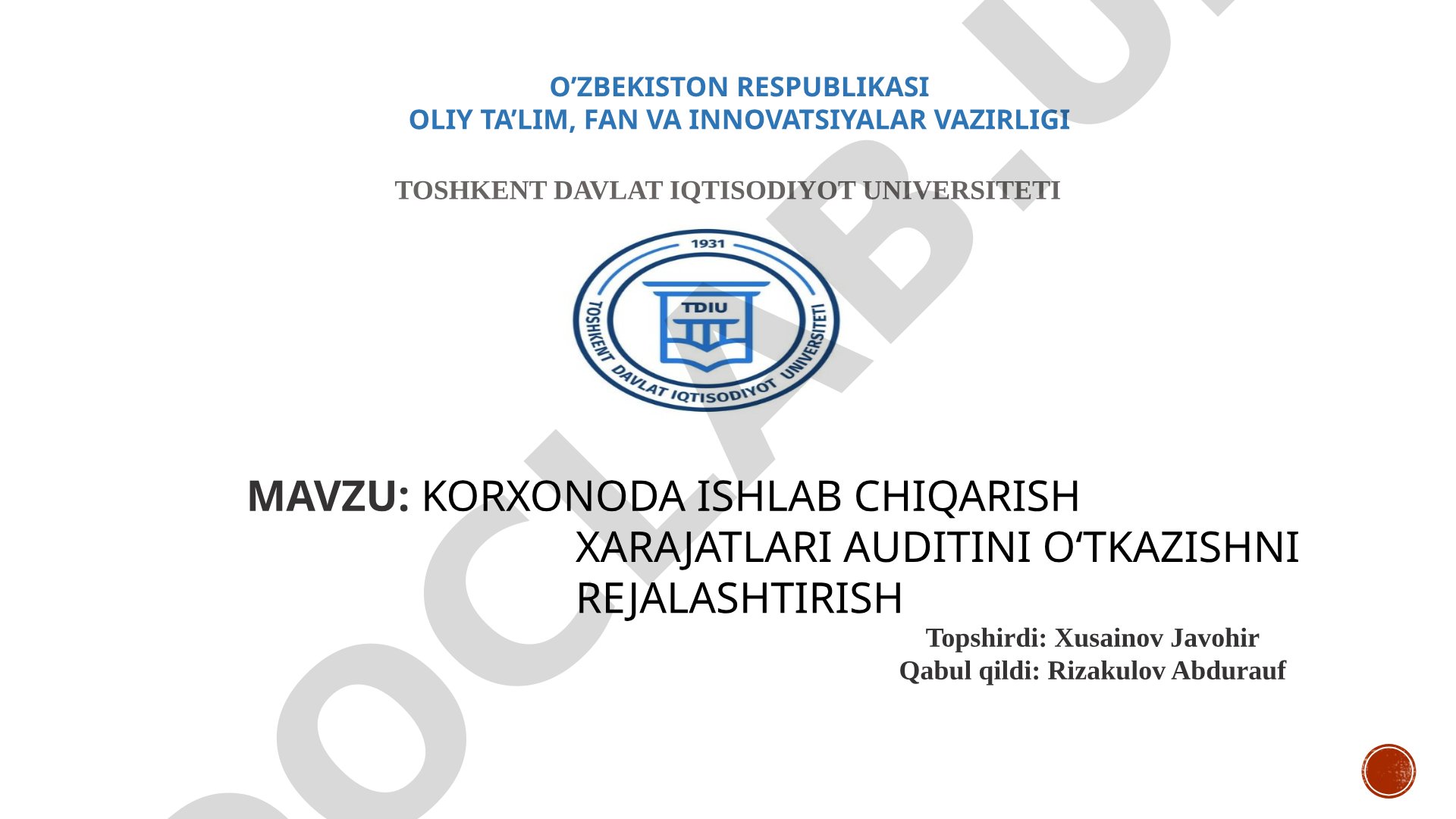Korxonada ishlab chiqarish xarajatlari auditini o'tkazishni rejalashtirish