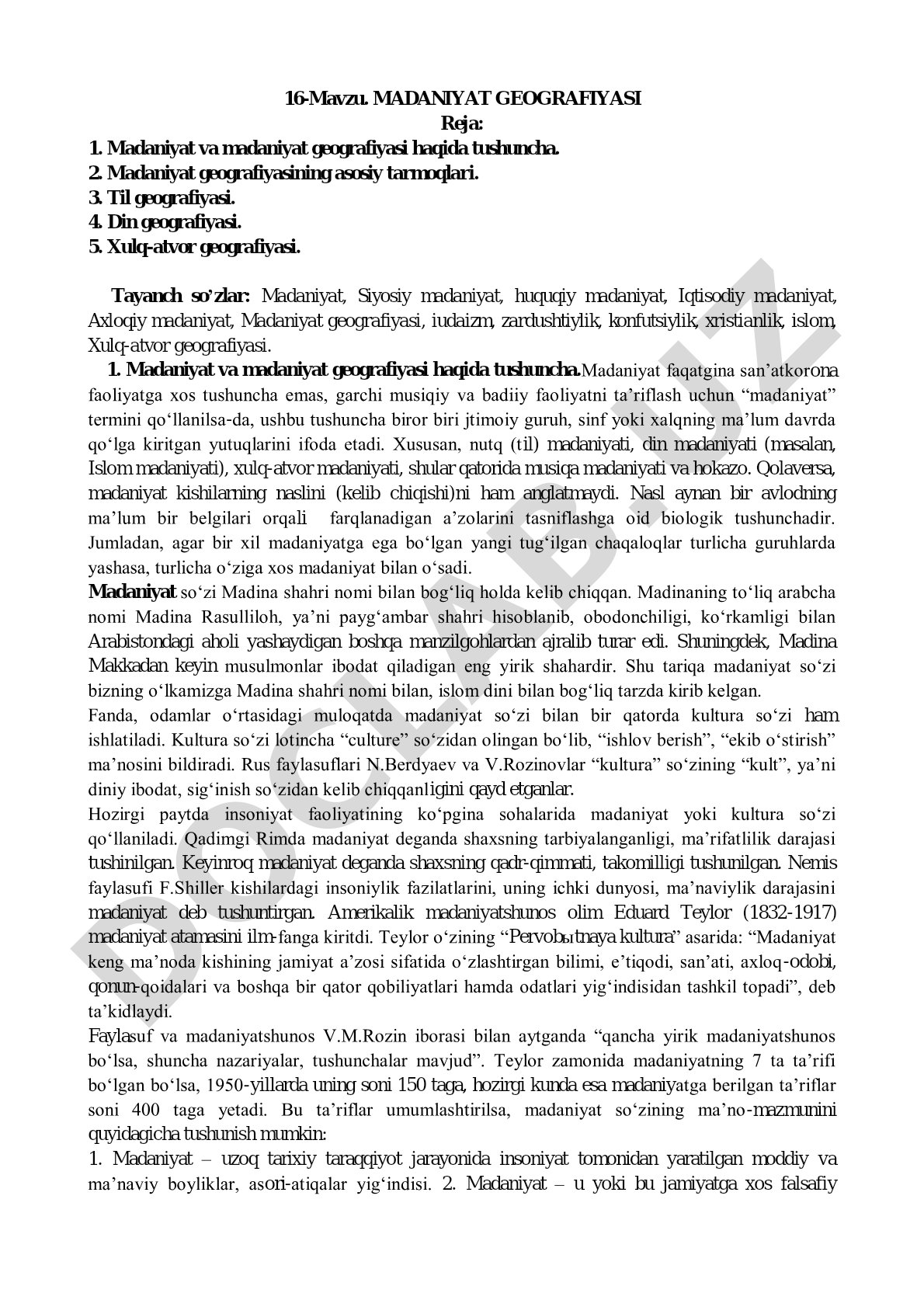 Madaniyat geografiyasi tushunchasi, tarmoqlari, til, din va xulq-atvor geografiyasi