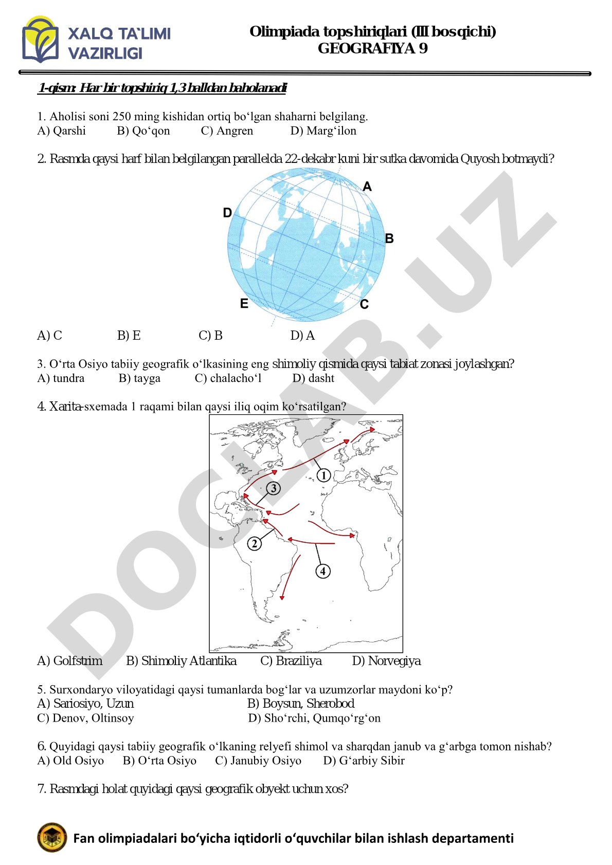 Olimpiada topshiriqlari (III bosqichi) GEOGRAFIYA 9