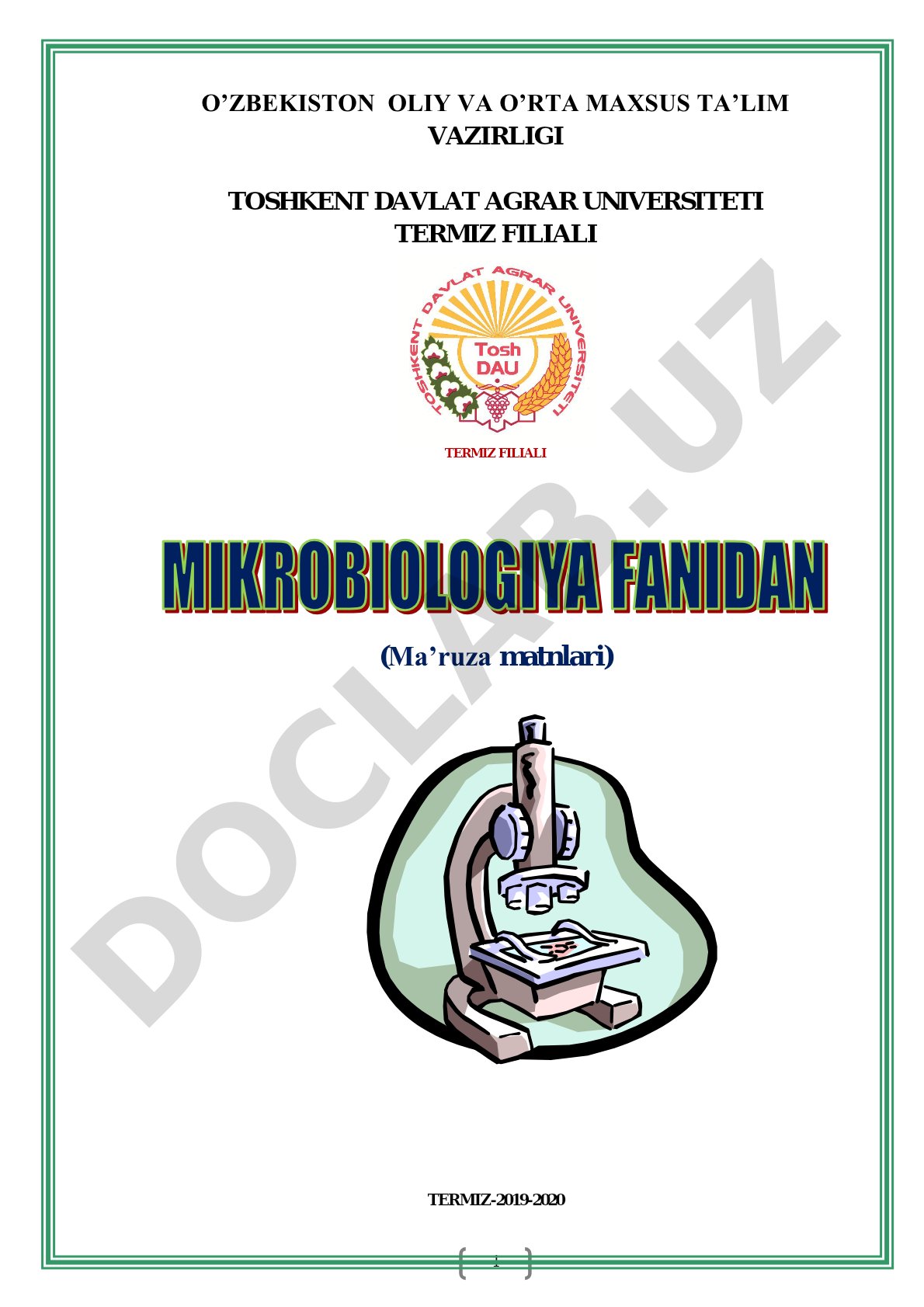 Mikrobiologiya fani bo'yicha ma'ruza matnlari