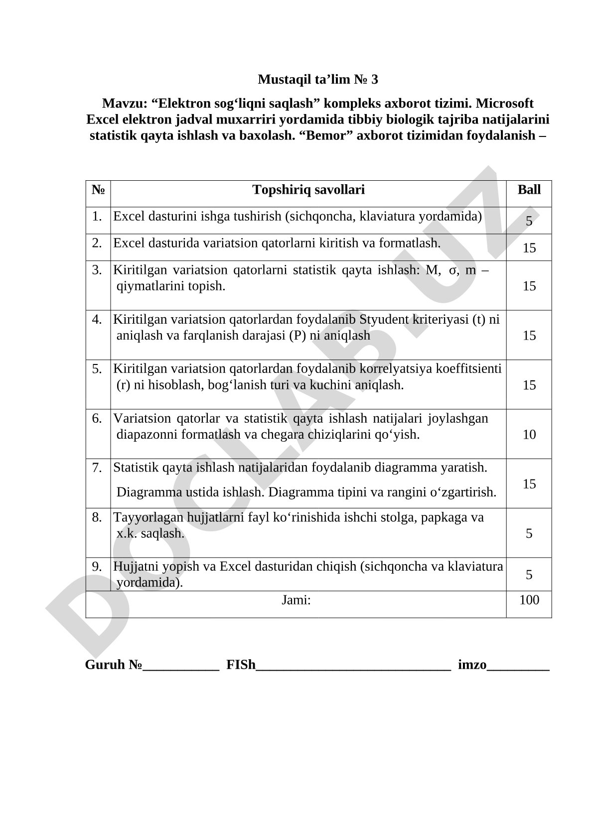 “Elektron sog‘liqni saqlash” kompleks axborot tizimi va Excelda statistik ishlash