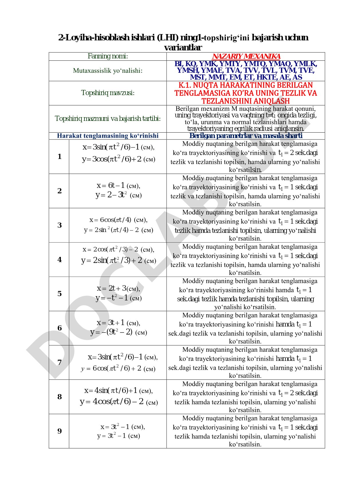 K.1. NUQTA HARAKATINING BERILGAN TENGLAMASIGA KO’RA UNING TEZLIK VA TEZLANISHINI ANIQLASH