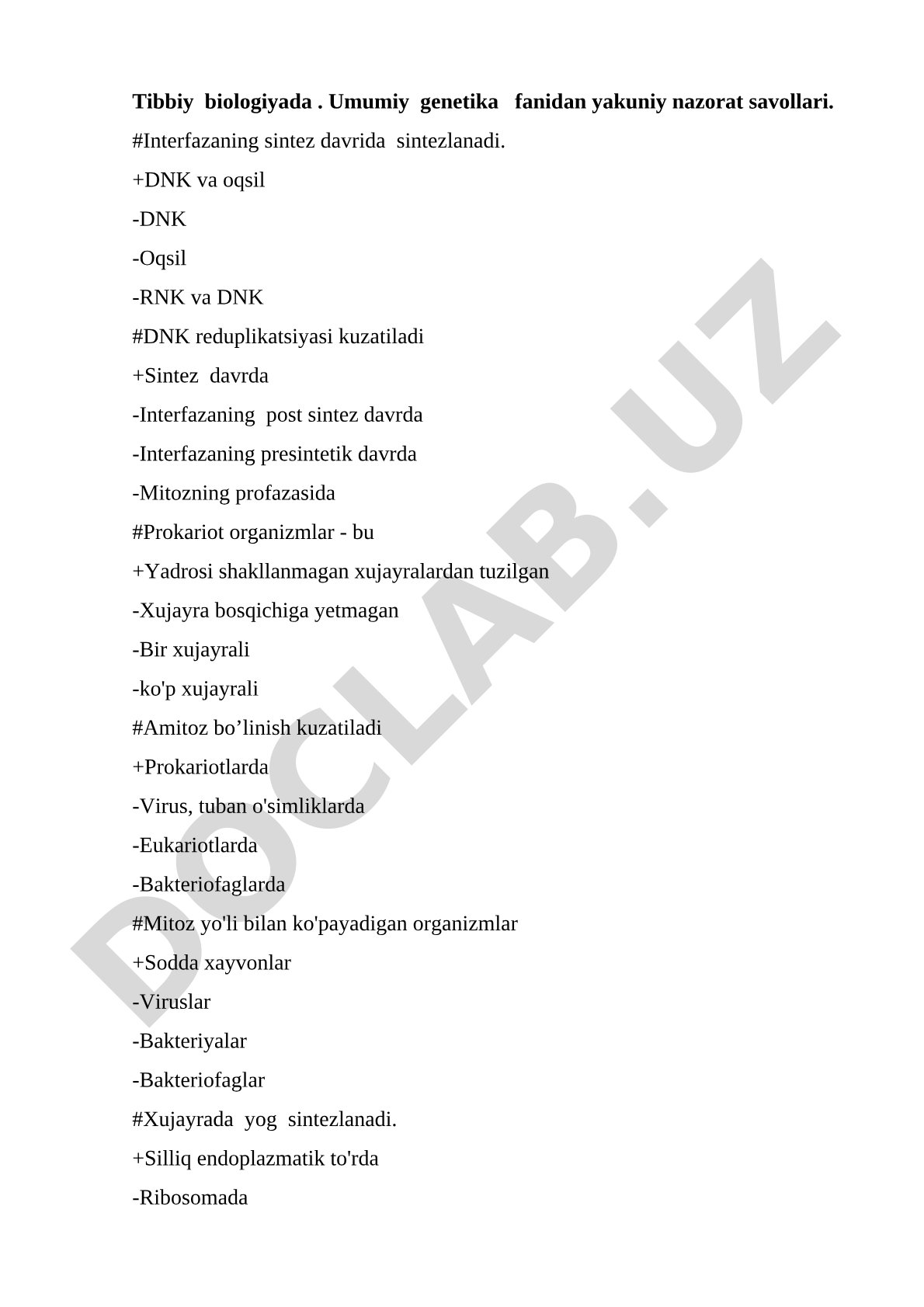 Tibbiy biologiyada umumiy genetika fanidan yakuniy nazorat savollari