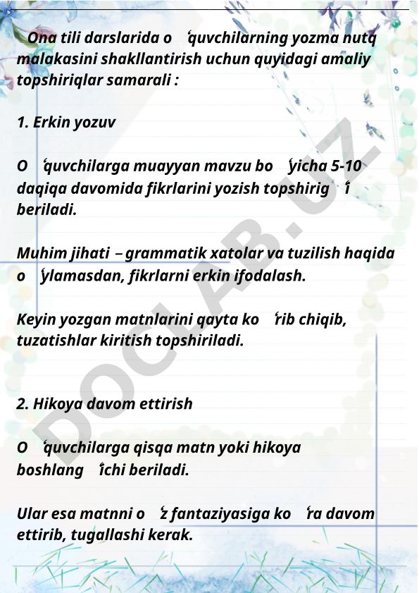 Ona tili darslarida o‘quvchilarning yozma nutq malakasini shakllantirish