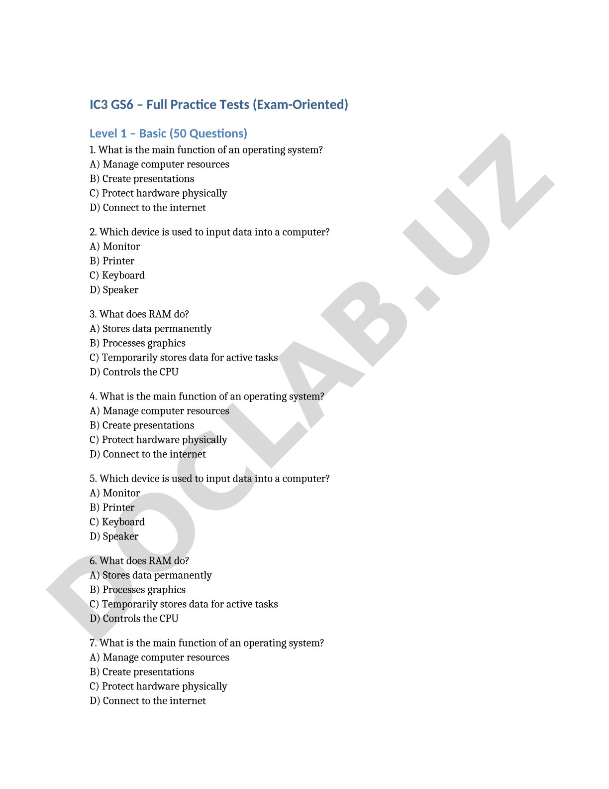 IC3 GS6 – Full Practice Tests (Exam-Oriented) Level 1 – Basic (50 Questions)