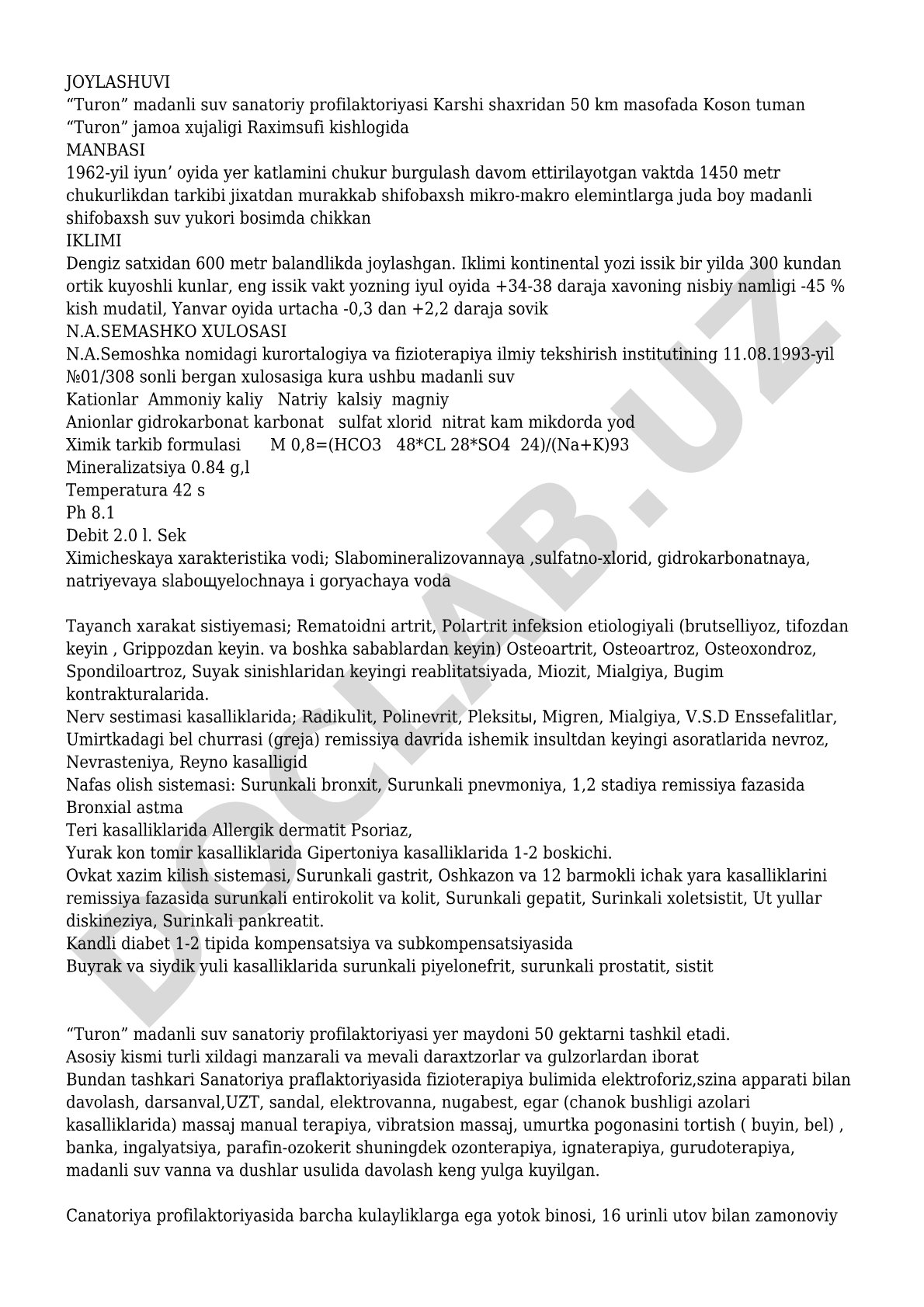 Turon madanli suv sanatoriy profilaktoriyasi