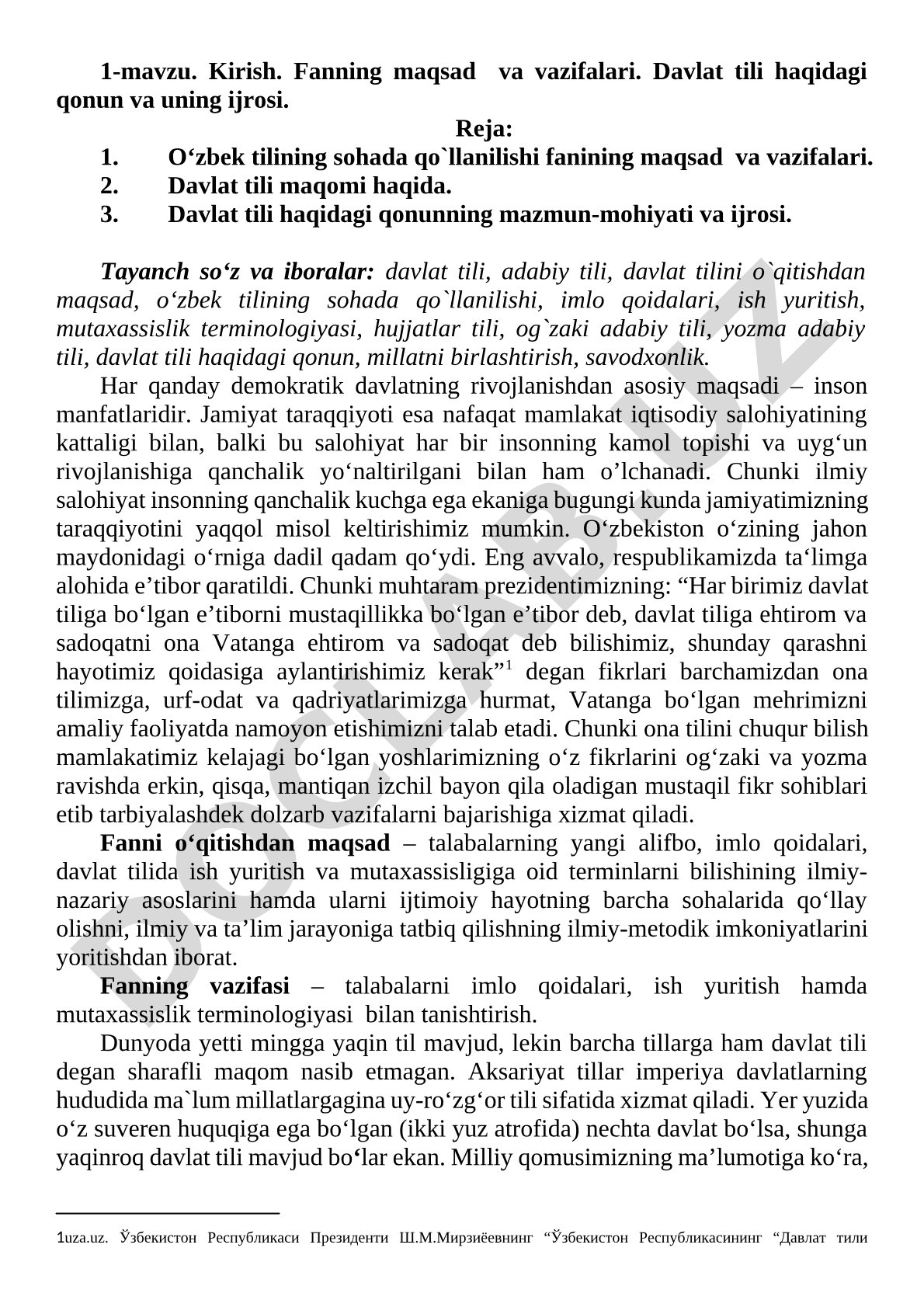 Kirish. Fanning maqsad va vazifalari. Davlat tili haqidagi qonun va uning ijrosi.