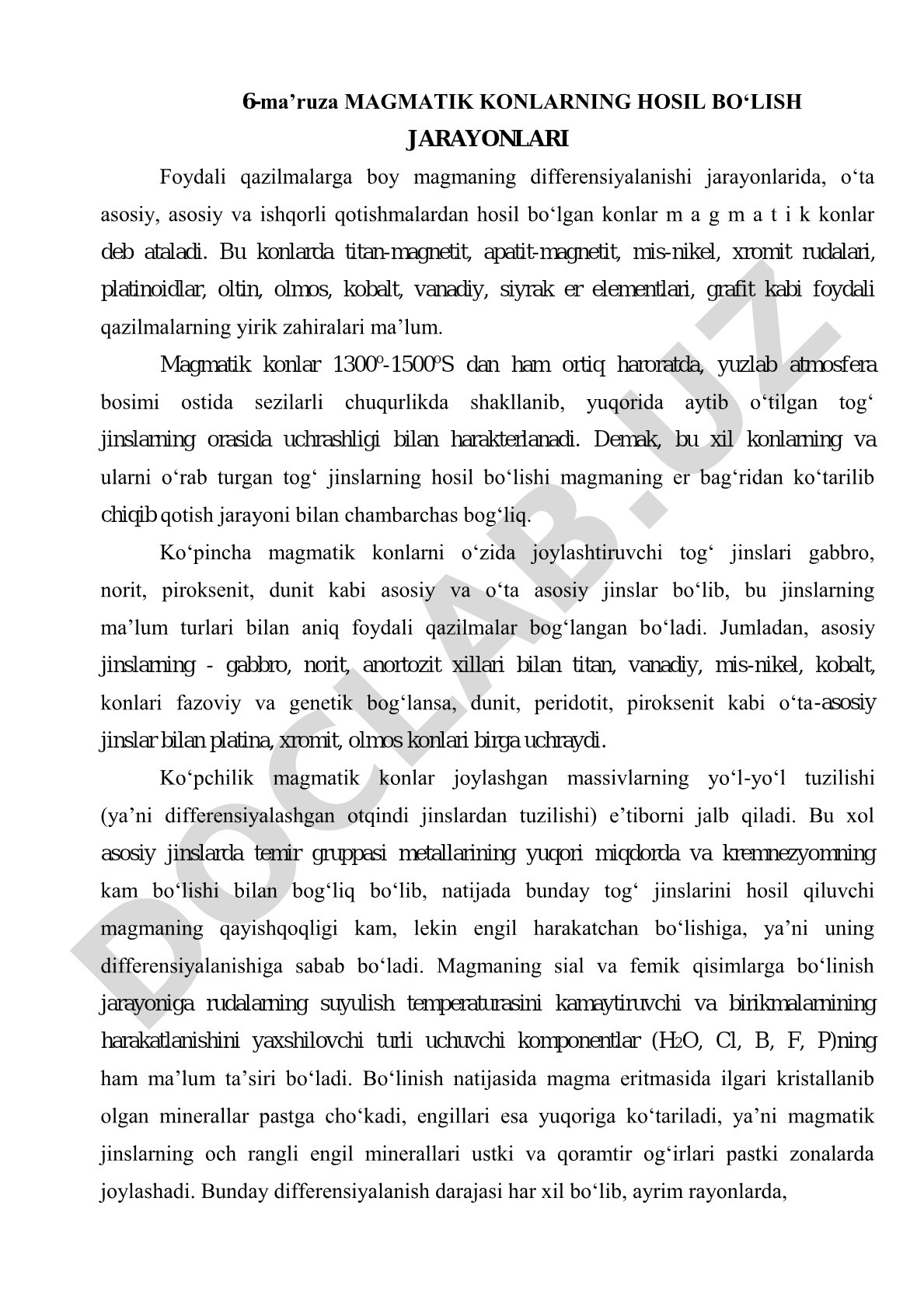 Magmatik konlarning hosil bo‘lish jarayonlari