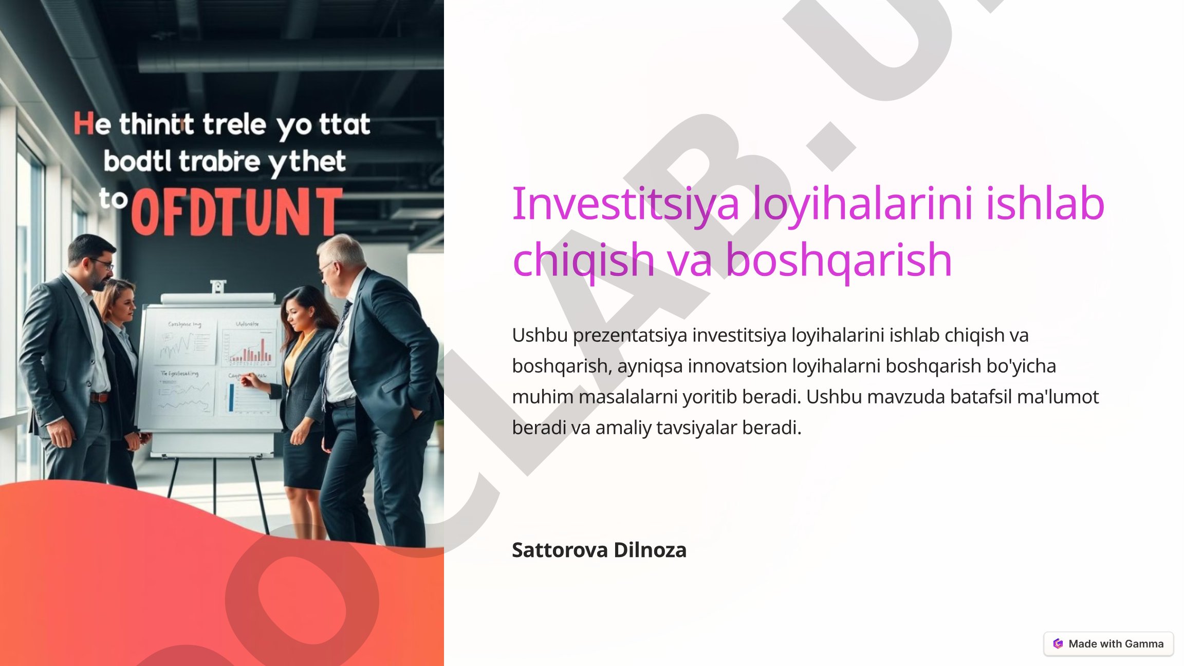 Investitsiya loyihalarini ishlab chiqish va boshqarish