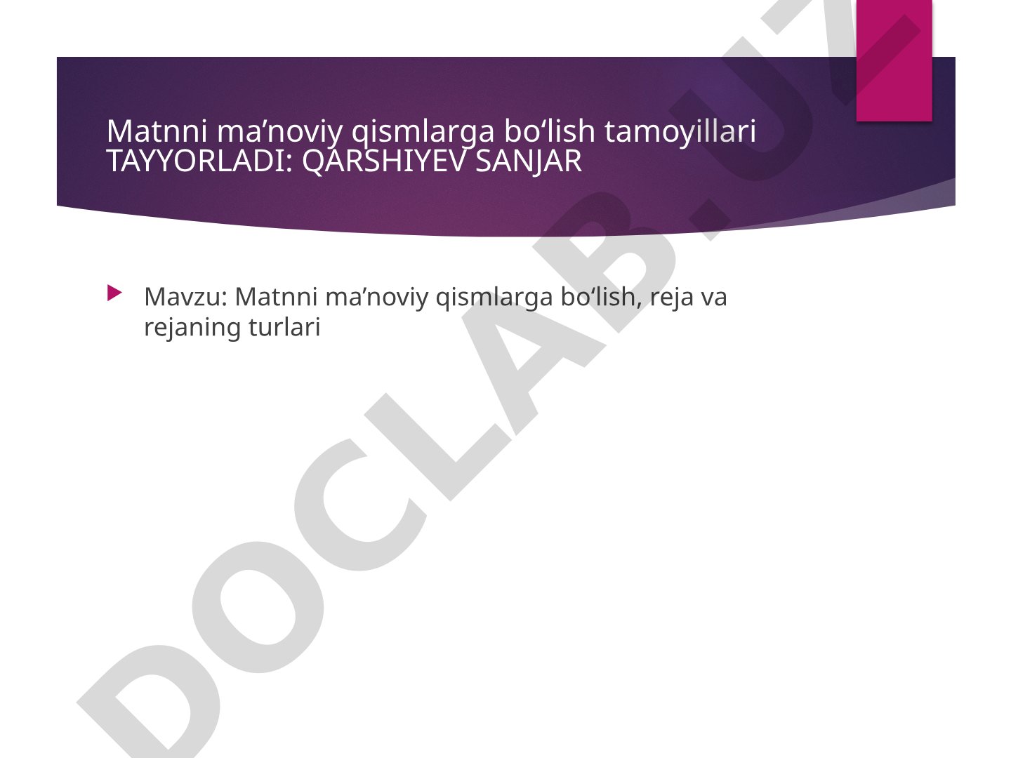 Matnni ma’noviy qismlarga bo‘lish, reja va rejaning turlari