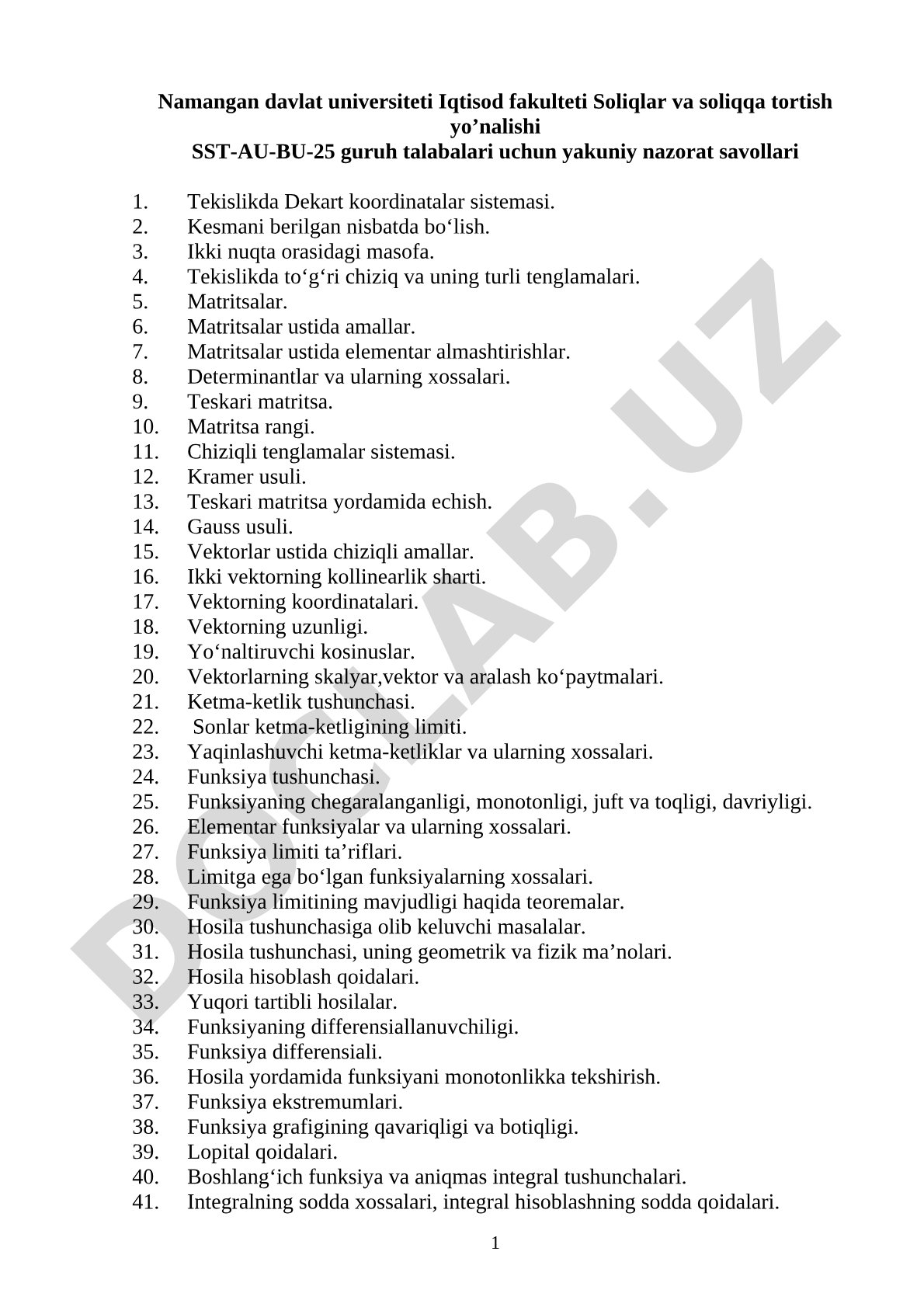 Chiziqli algebra va matematik analiz bo‘yicha yakuniy nazorat savollari