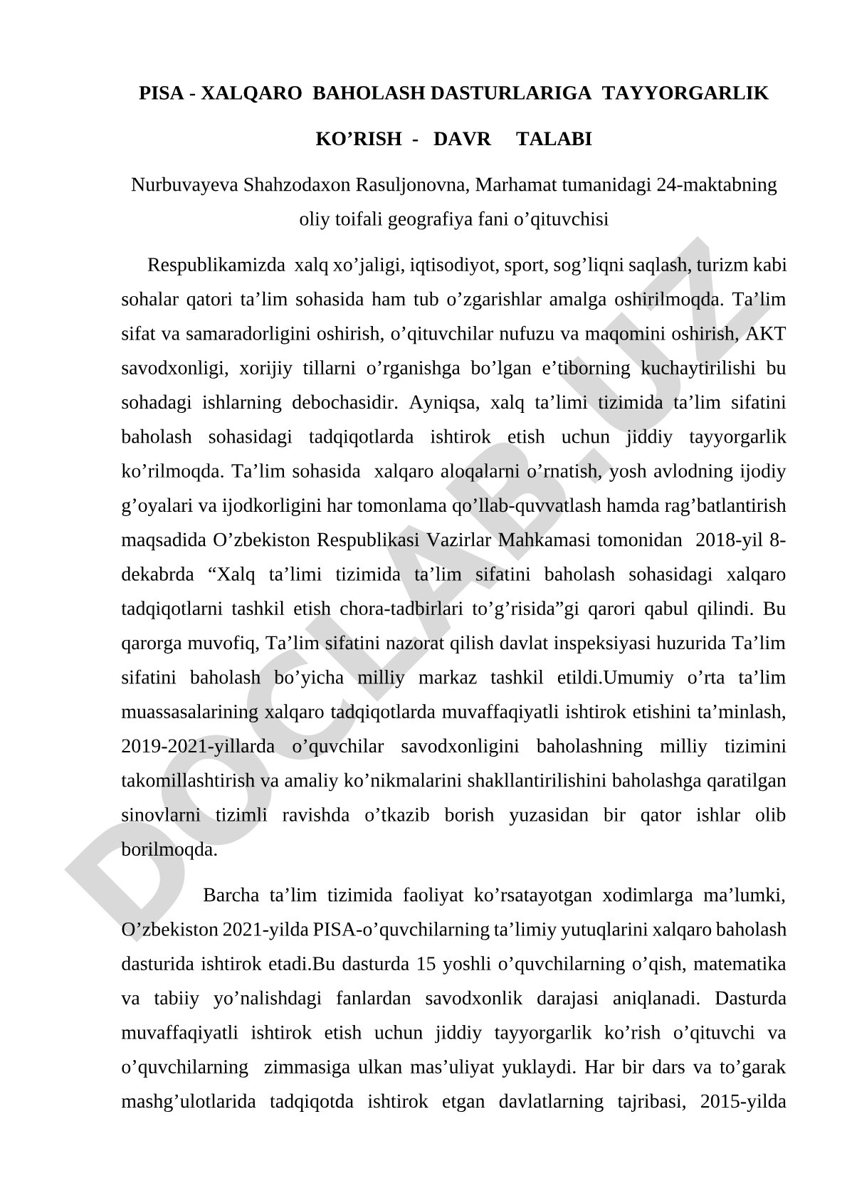 PISA - XALQARO BAHOLASH DASTURLARIGA TAYYORGARLIK KO’RISH - DAVR TALABI