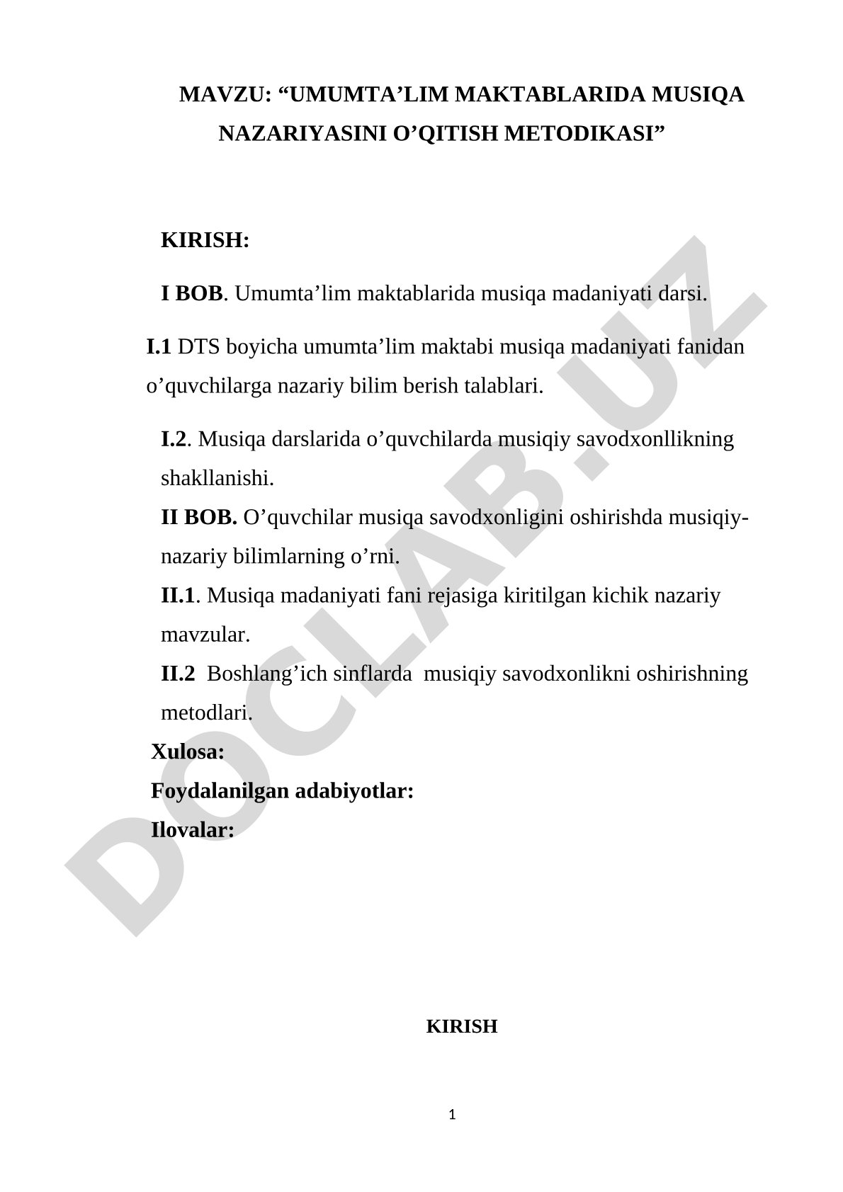 “UMUMTA’LIM MAKTABLARIDA MUSIQA NAZARIYASINI O’QITISH METODIKASI” KIRISH: I BOB