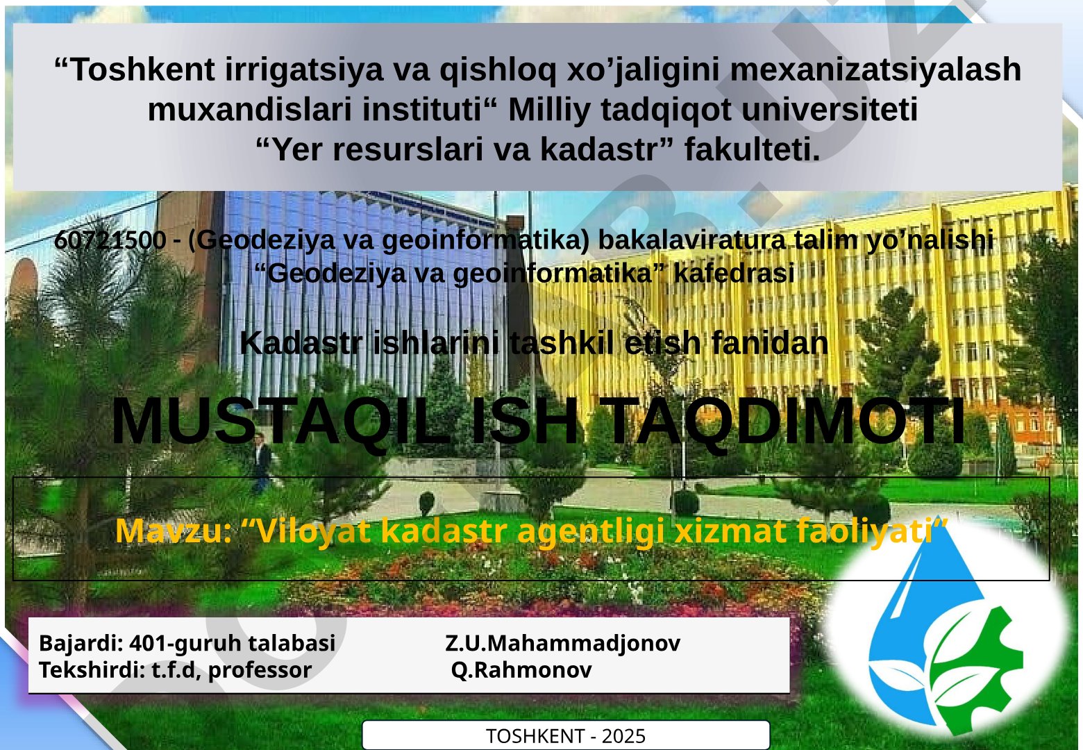 Viloyat kadastr agentligi xizmat faoliyati