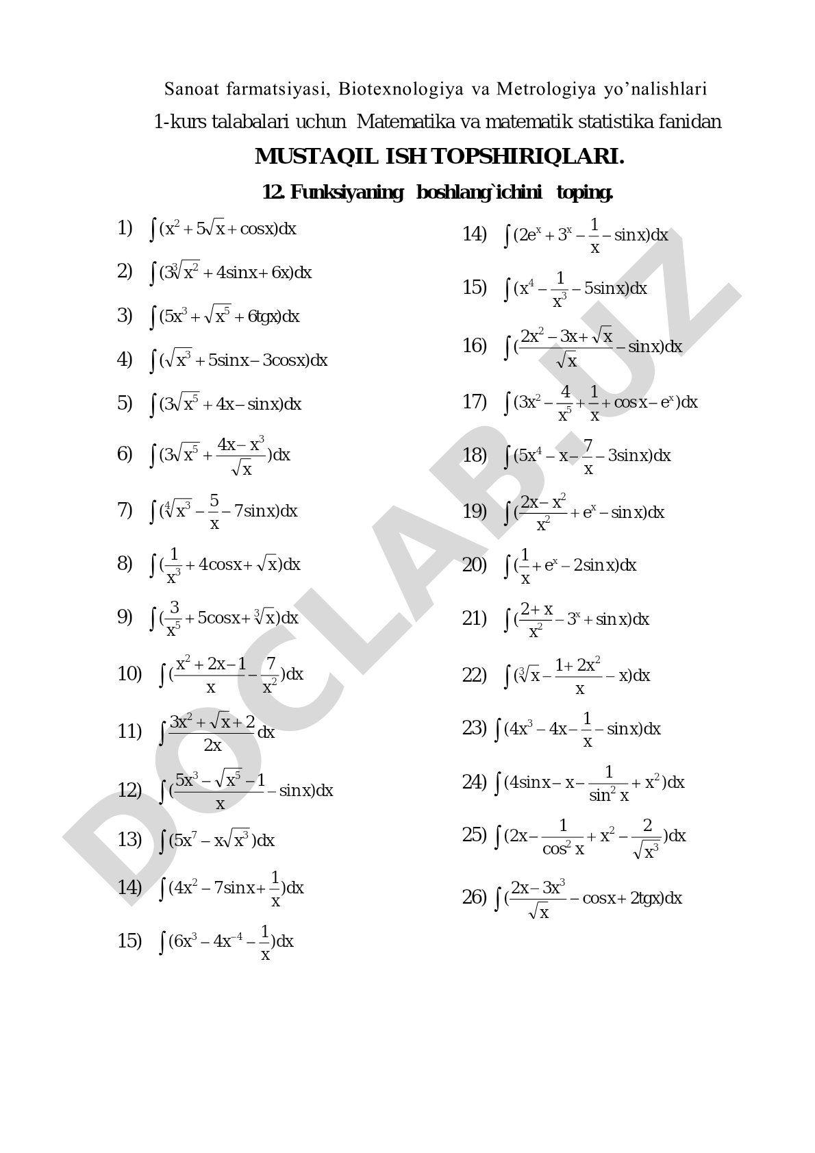 Matematika va matematik statistika fanidan mustaqil ish topshiriqlari