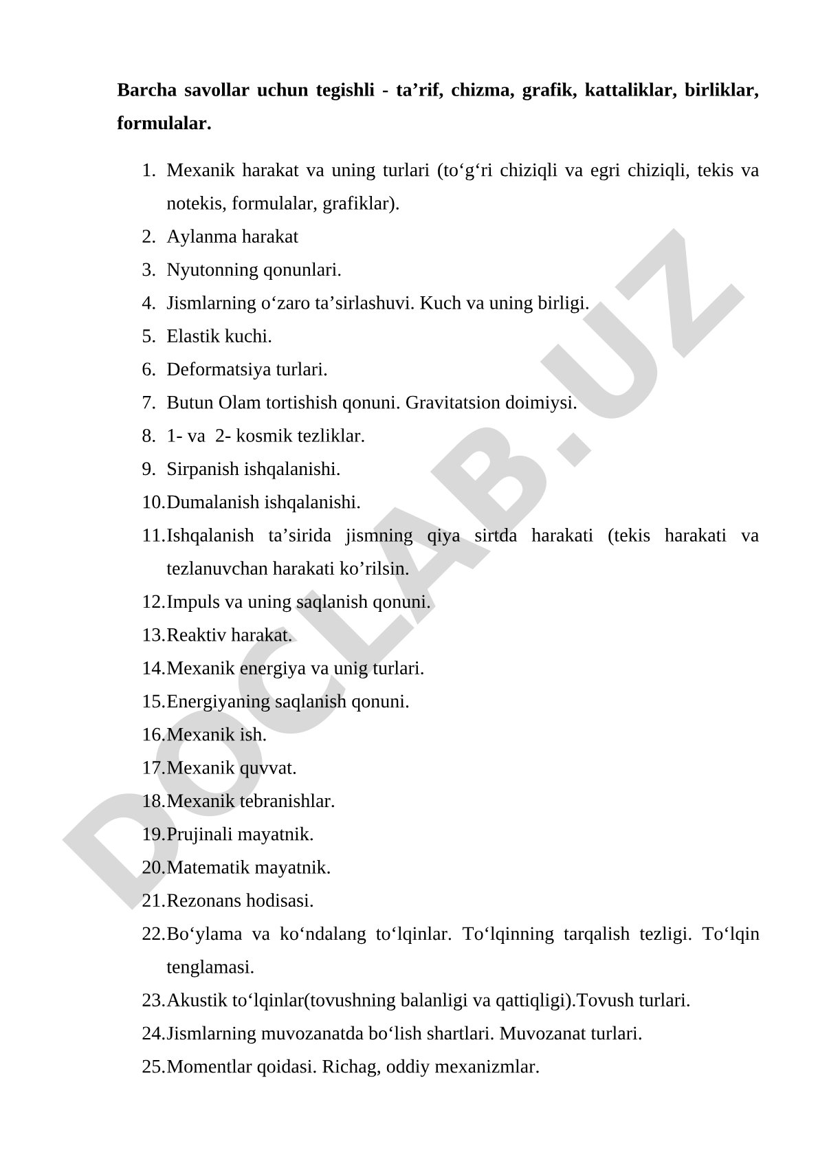 Mexanika, tebranishlar va issiqlik hodisalari savollari