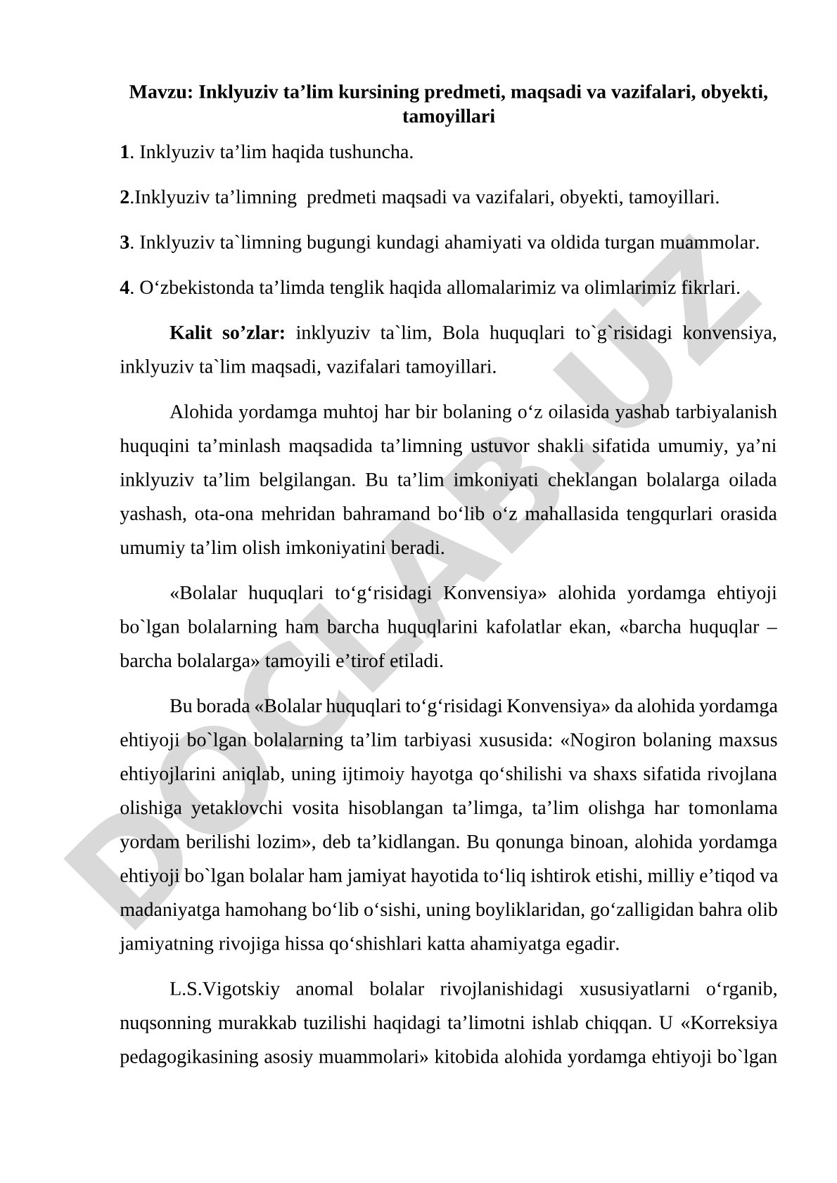 Inklyuziv ta’lim kursining predmeti, maqsadi va vazifalari, obyekti, tamoyillari