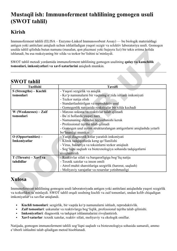 Immunoferment tahlilining gomogen usuli (SWOT tahlil)