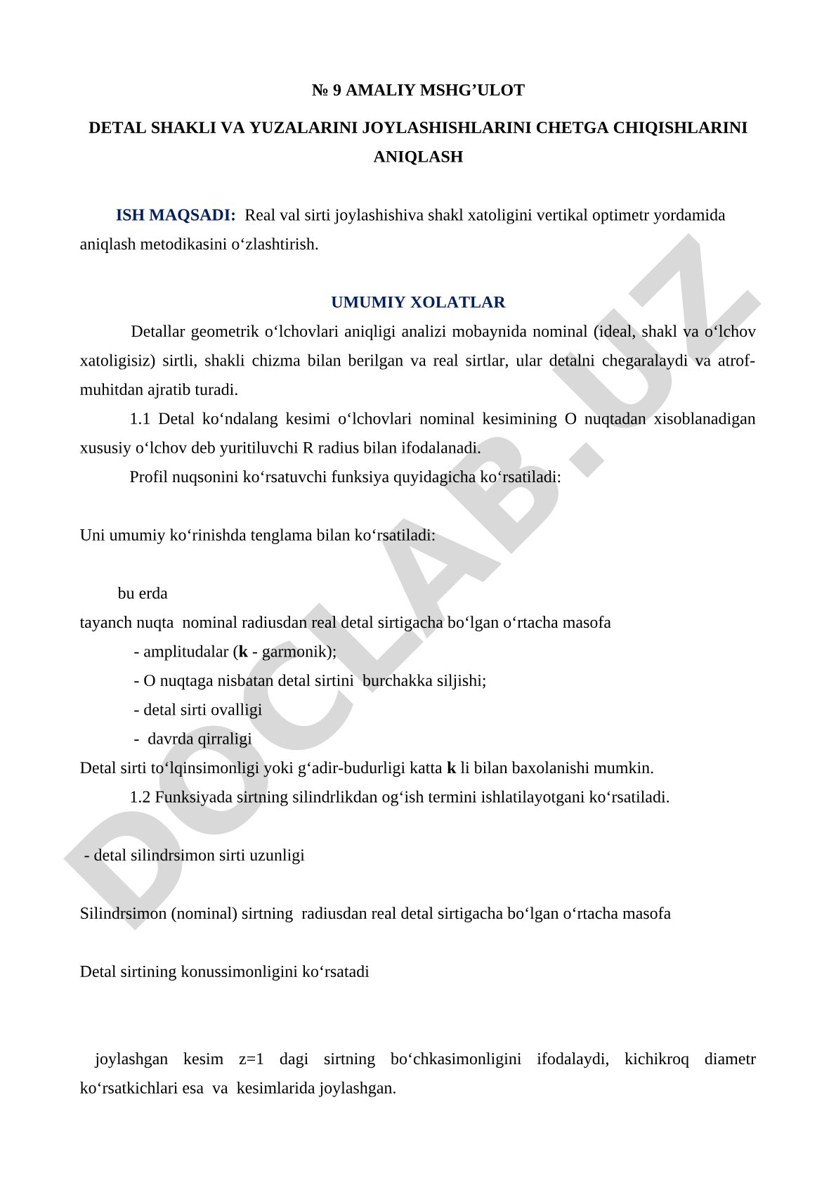 DETAL SHAKLI VA YUZALARINI JOYLASHISHLARINI CHETGA CHIQISHLARINI ANIQLASH