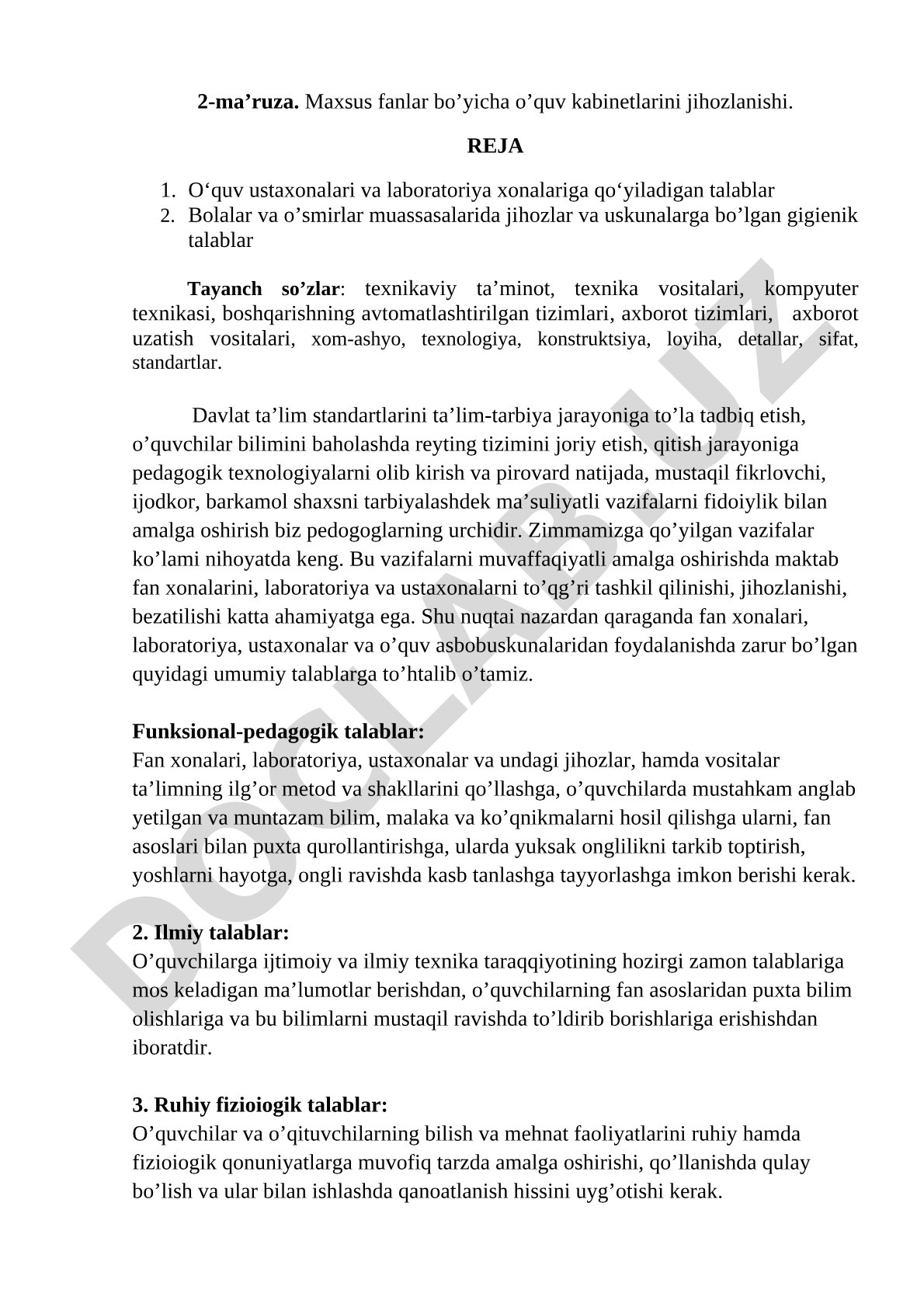 2-ma’ruza. Maхsus fanlar bo’yicha o’quv kabinetlarini jihozlanishi