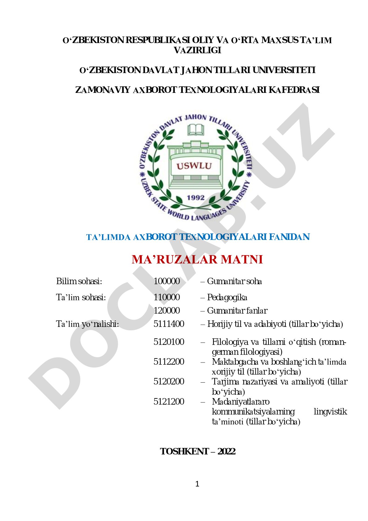 Ta'limda axborot texnologiyalari fanidan ma'ruzalar matni