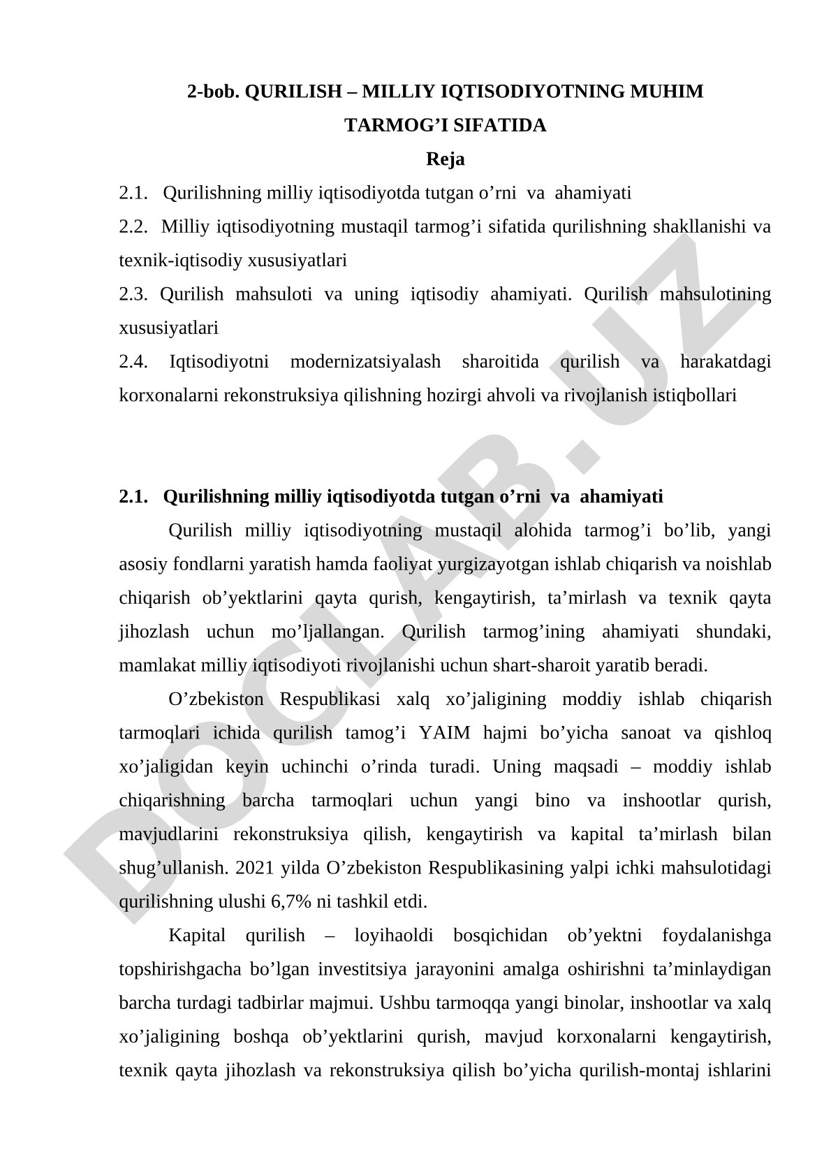 Qurilish – milliy iqtisodiyotning muhim tarmog’i sifatida