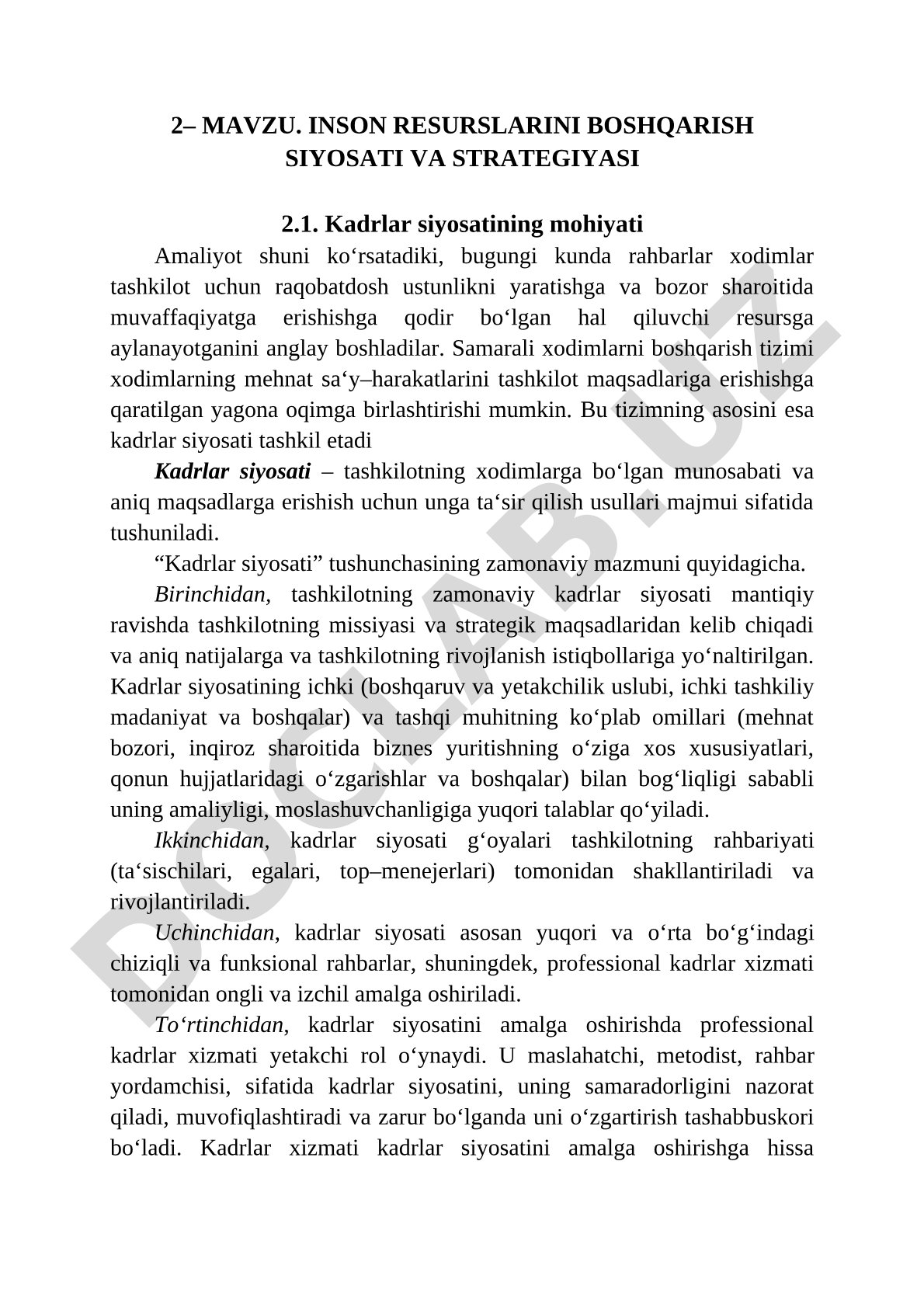 Inson resurslarini boshqarish siyosati va strategiyasi