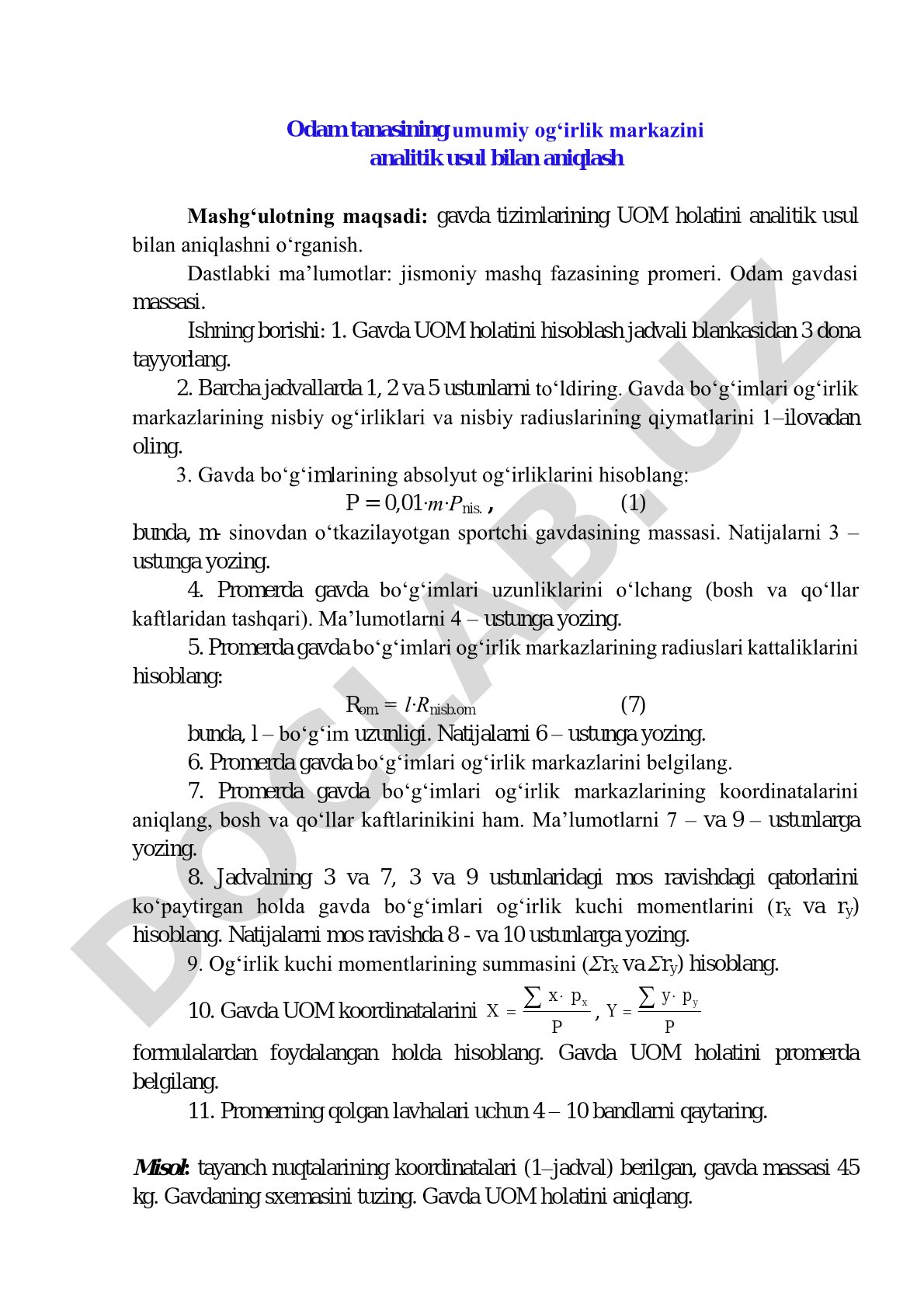 Odam tanasining umumiy og‘irlik markazini analitik usul bilan aniqlash