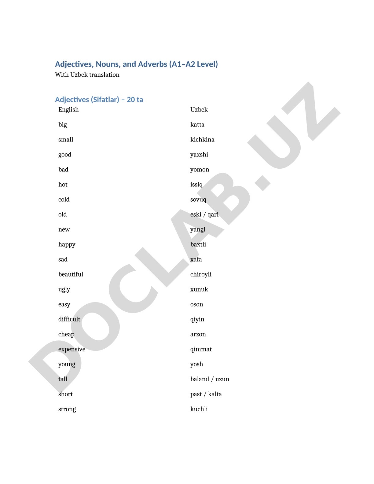Adjectives, Nouns, and Adverbs with Uzbek Translations