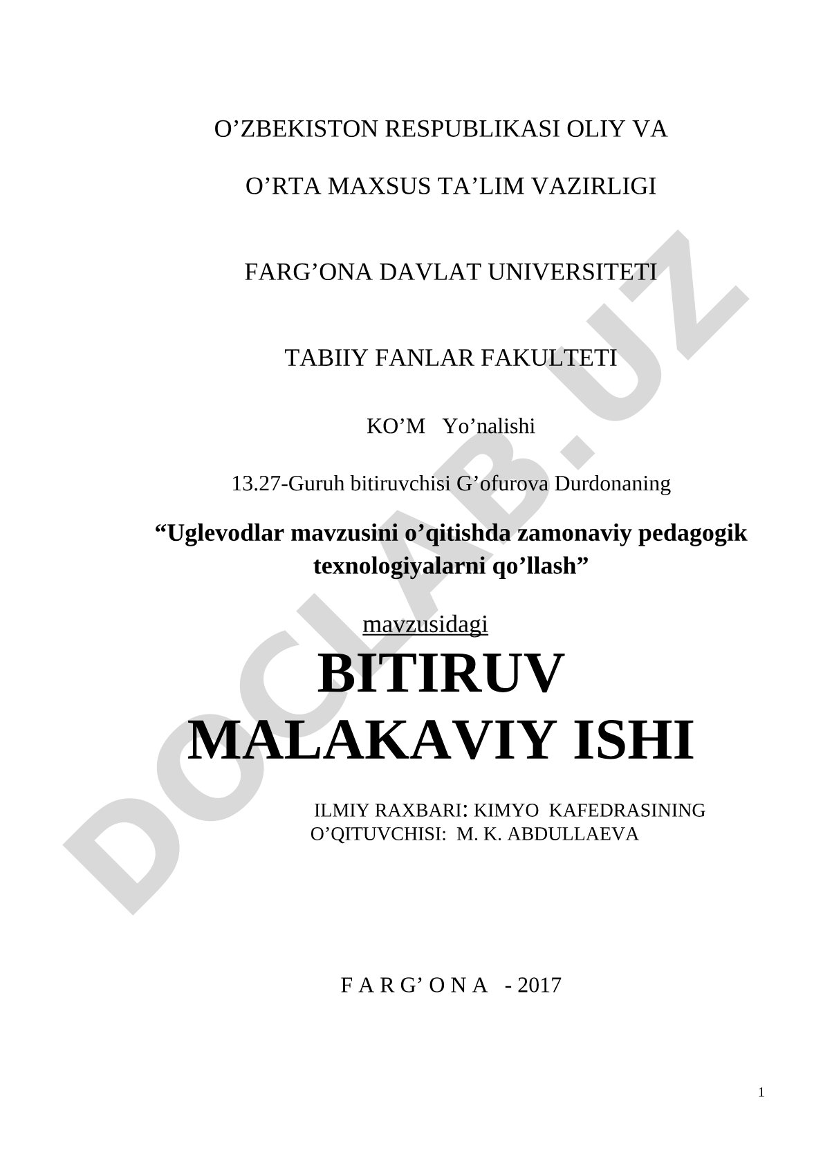 Uglevodlar mavzusini o'qitishda zamonaviy pedagogik texnologiyalarni qo'llash
