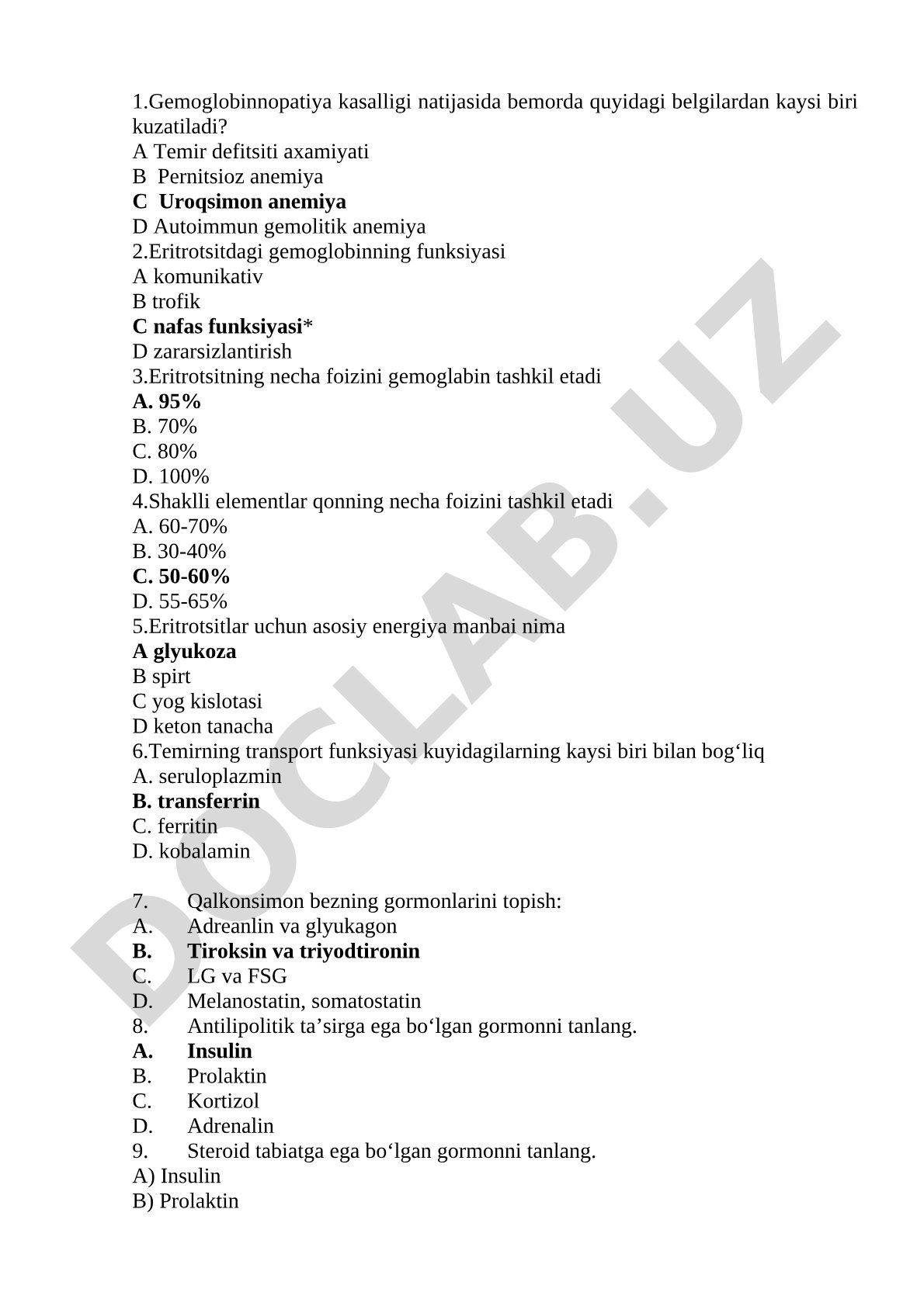 Gematologiya va endokrinologiya test savollari