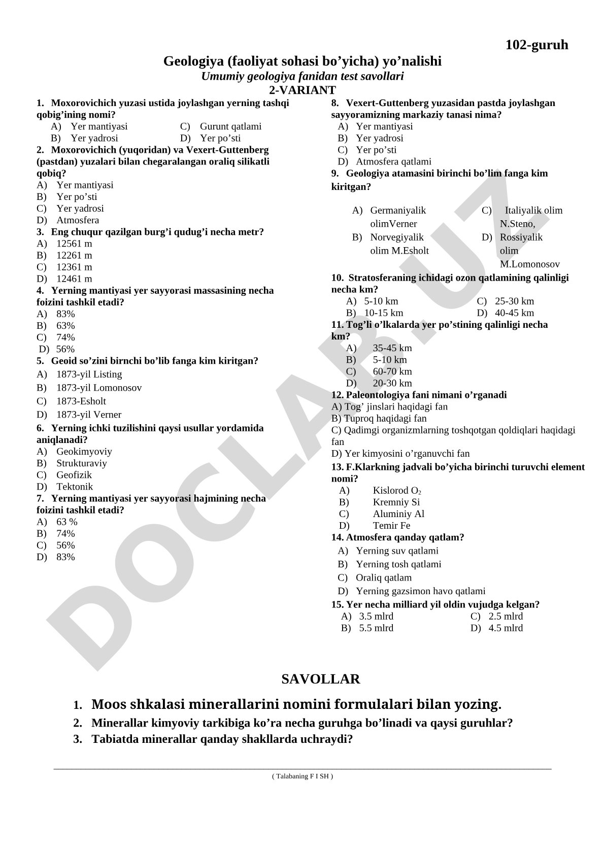Umumiy geologiya fanidan test savollari