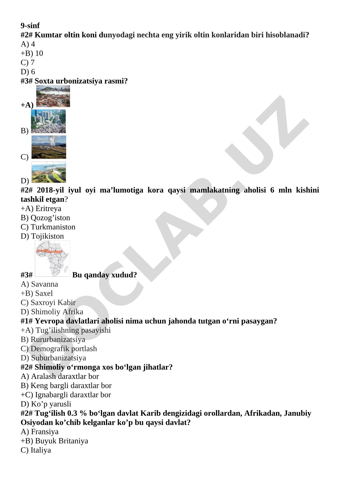 9-sinf geografiya test savollari