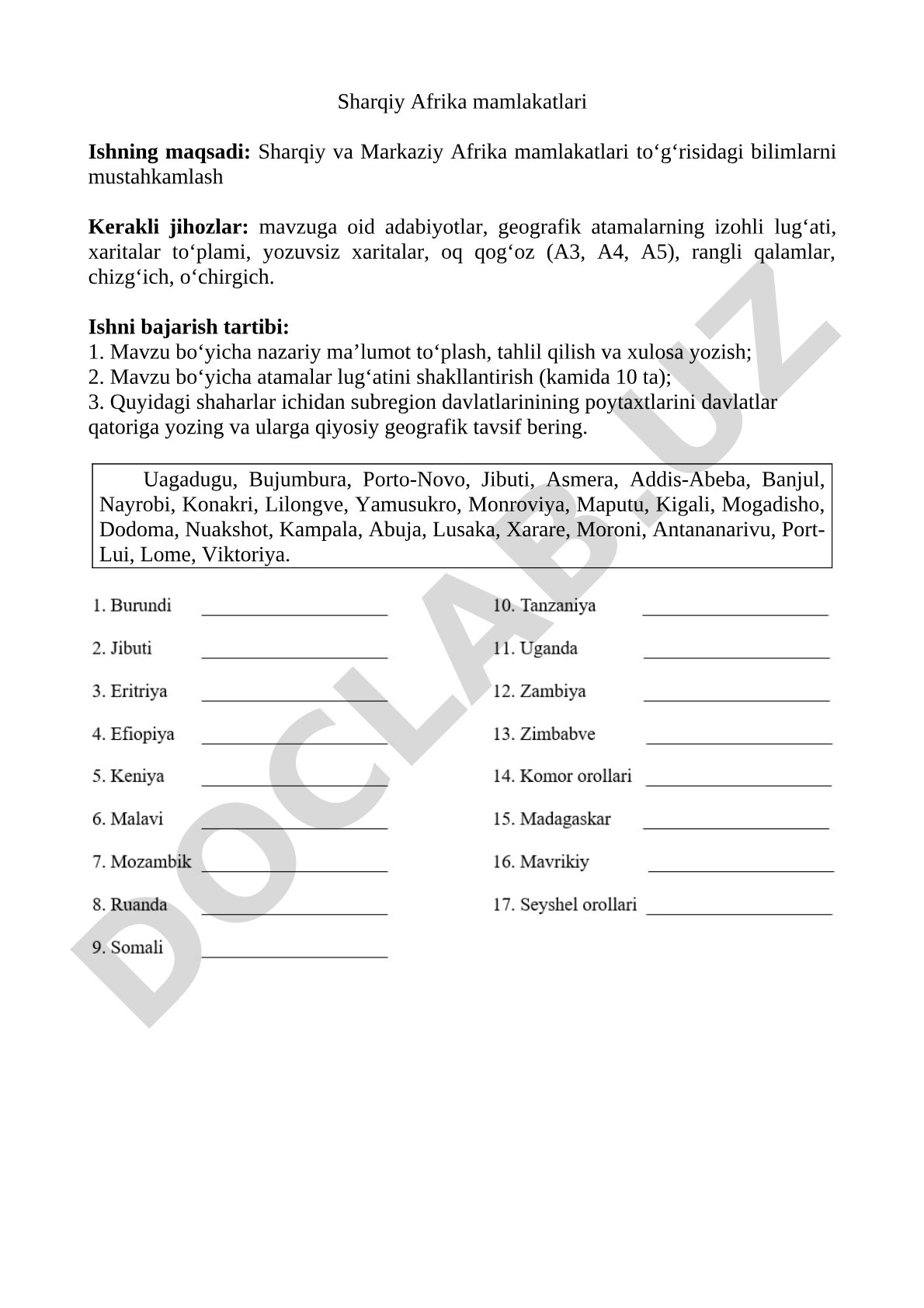 Sharqiy va Markaziy Afrika mamlakatlari geografiyasi bo'yicha amaliy ish