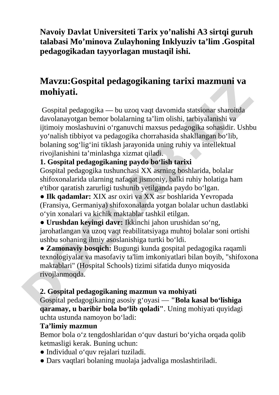 Gospital pedagogikaning tarixi mazmuni va mohiyati