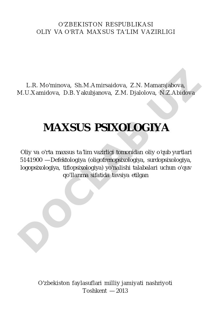 Defektologiya yo'nalishi talabalari uchun maxsus psixologiya fani bo'yicha o'quv