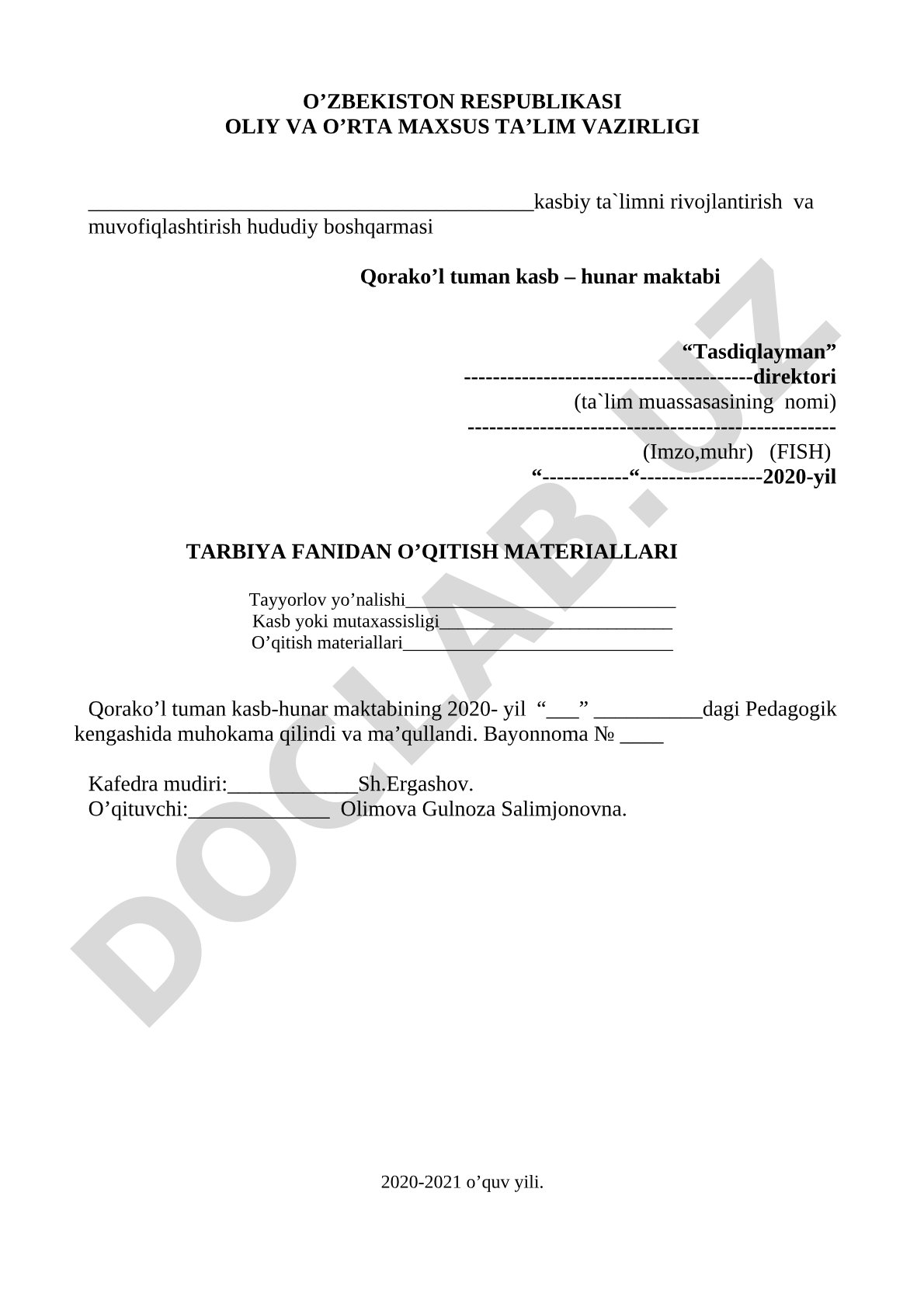 Tarbiya fanidan o‘qitish materiallari