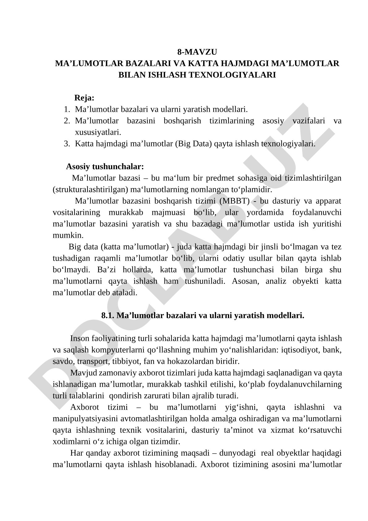 Ma’lumotlar bazalari va katta hajmdagi ma’lumotlar bilan ishlash texnologiyalari