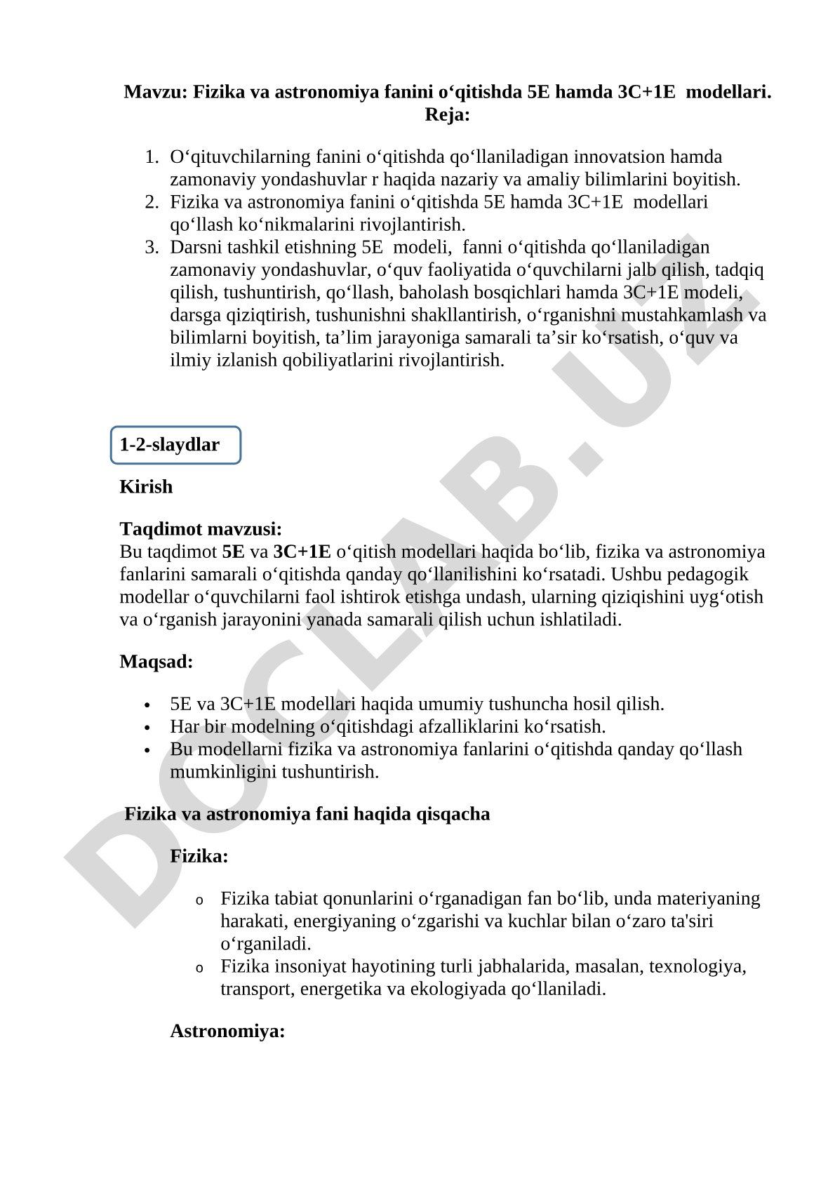 Fizika va astronomiya fanini o‘qitishda 5E hamda 3C+1E modellari