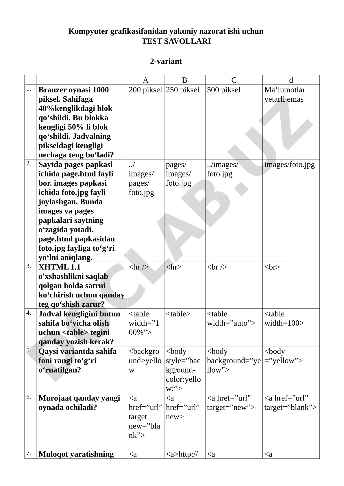 Kompyuter grafikasi bo'yicha test savollari
