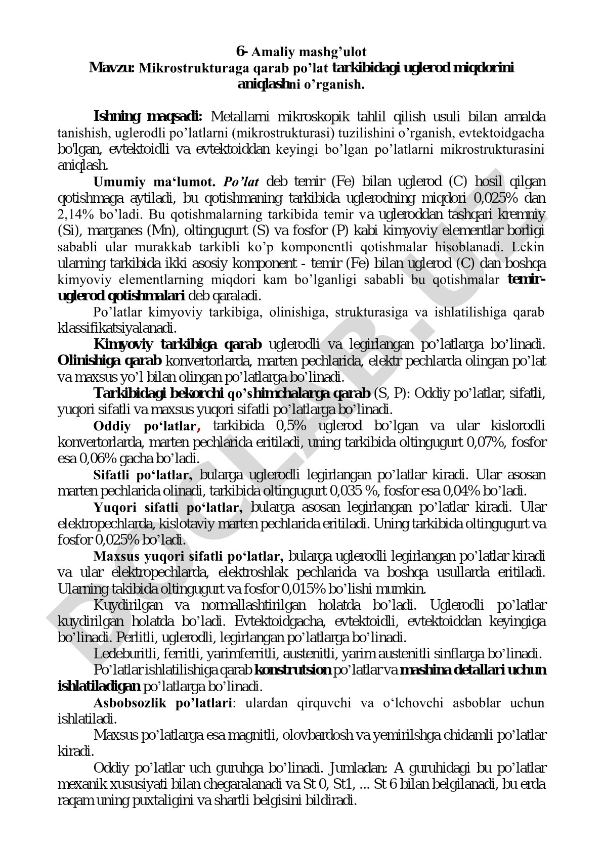 Mikrostrukturaga qarab po’lat tarkibidagi uglerod miqdorini aniqlashni o’rganish