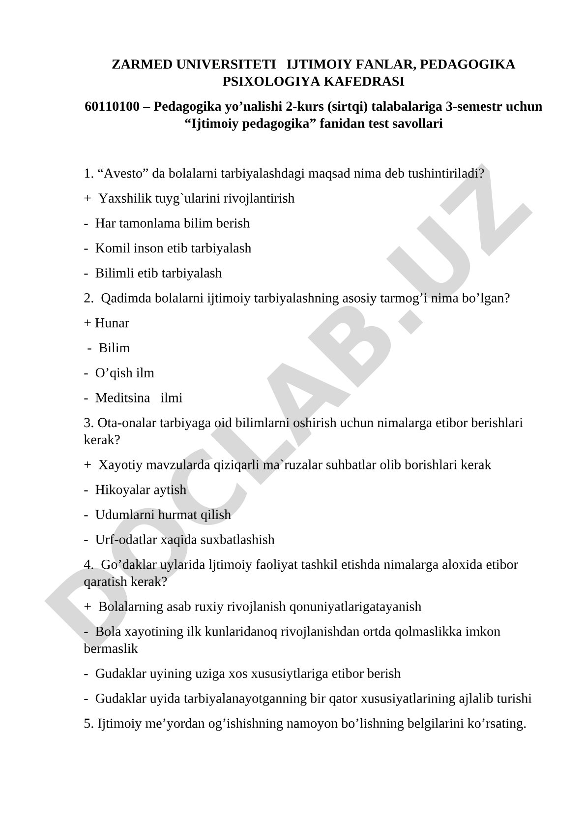 Ijtimoiy pedagogika fanidan test savollari