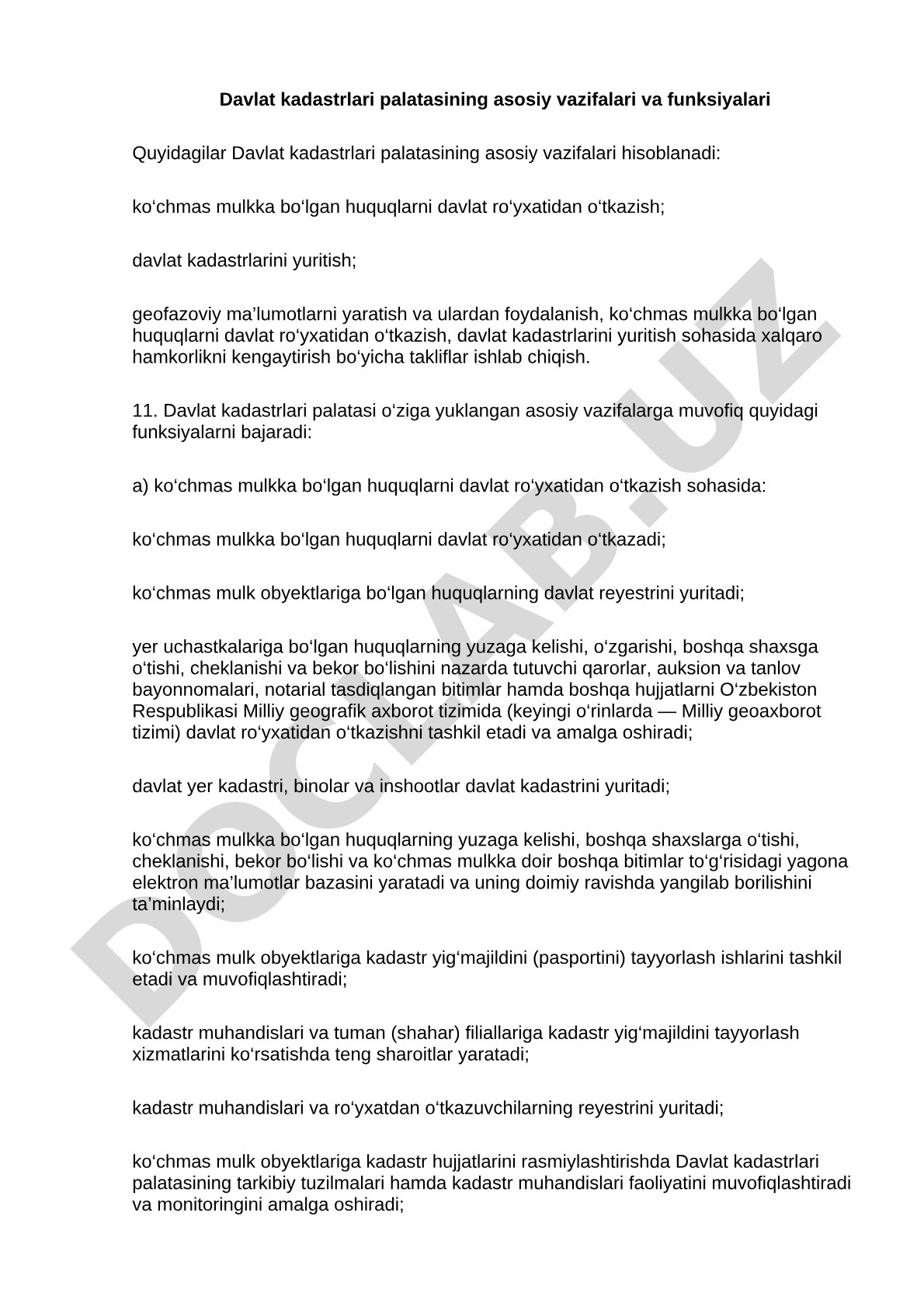 Davlat kadastrlari palatasining asosiy vazifalari va funksiyalari