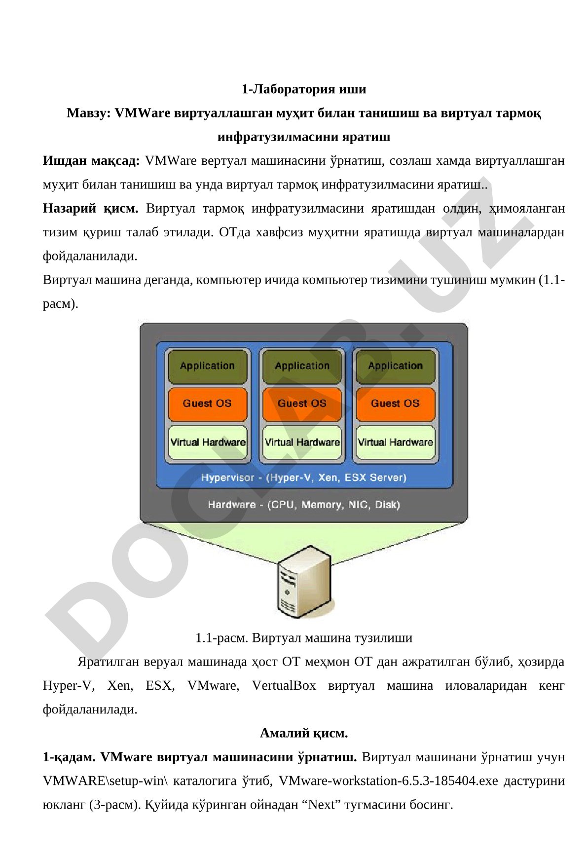 VMWare виртуаллашган муҳит билан танишиш ва виртуал тармоқ инфратузилмасини яратиш