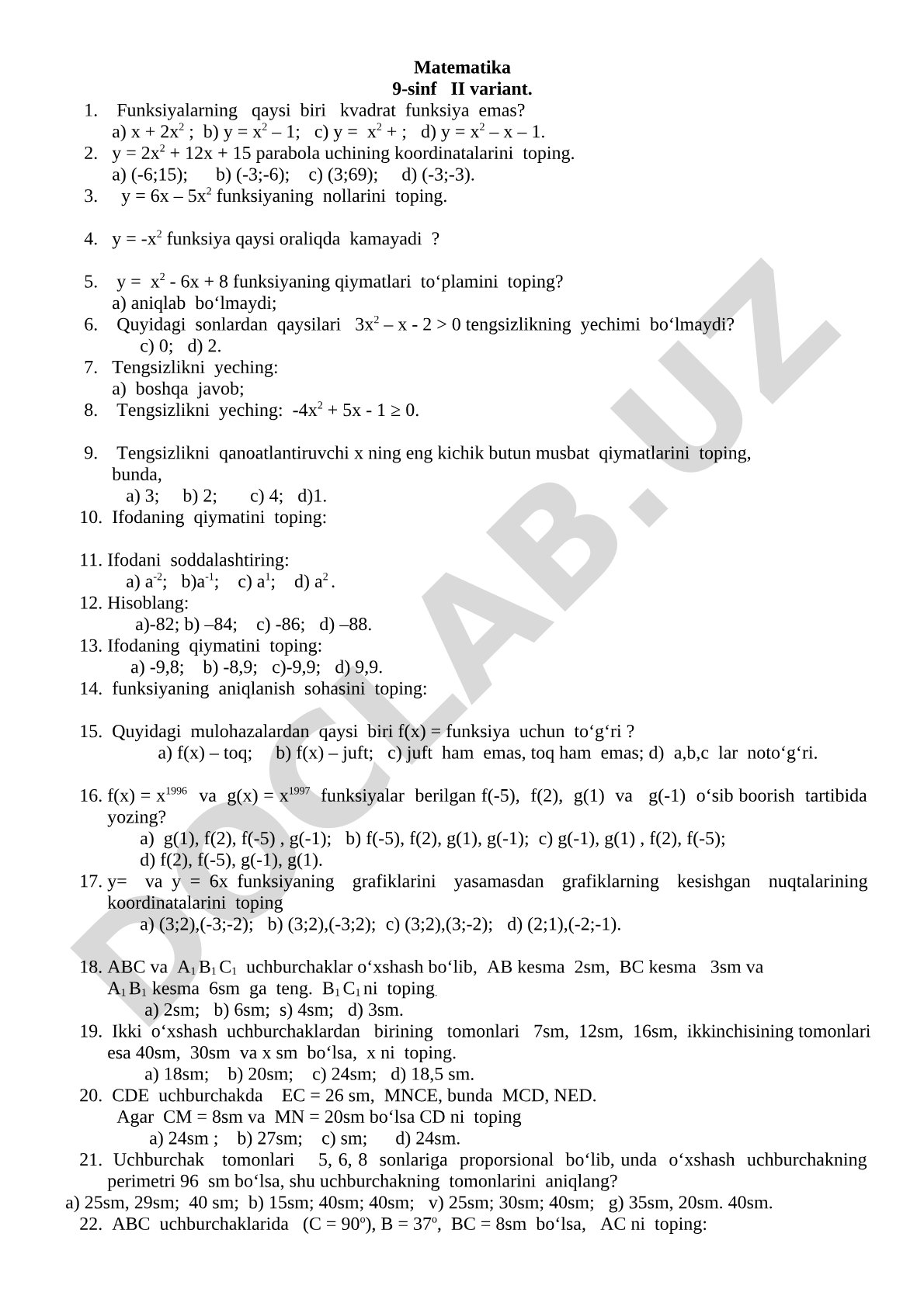 Matematika 9-sinf II variant - kvadrat funksiya va tengsizliklar