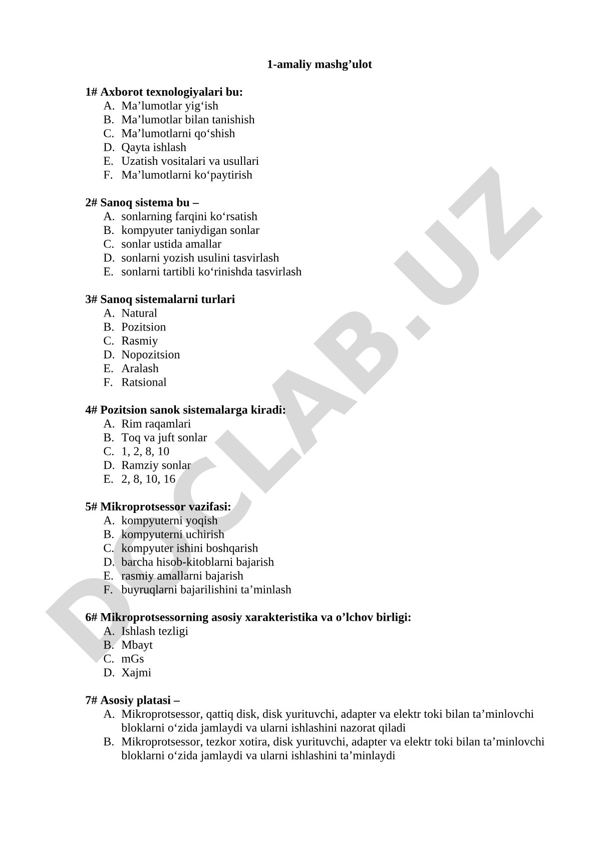 Axborot texnologiyalari fanidan 1-amaliy mashg'ulot savollari